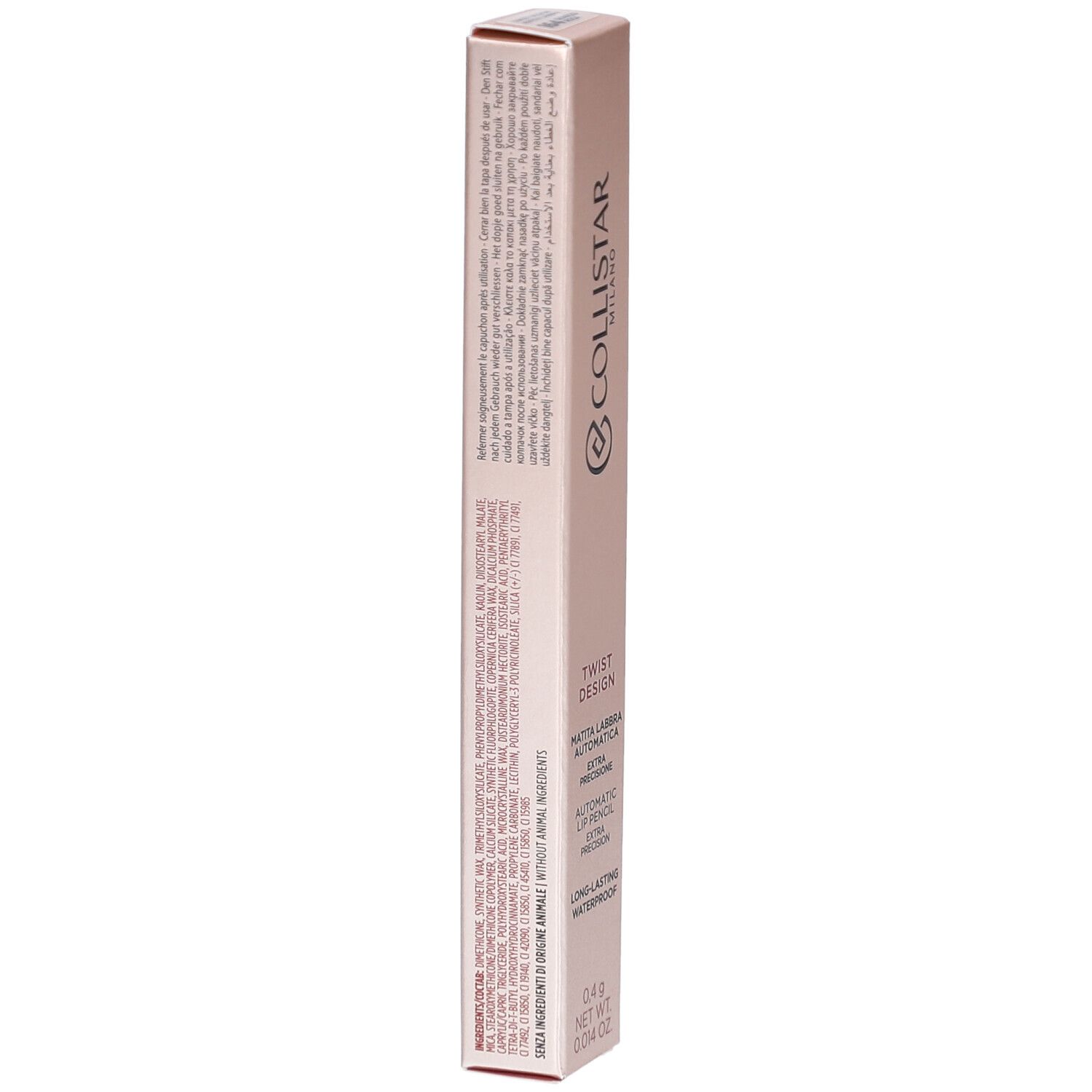 Rückseite der Verpackung des Collistar Twist Design Lip Pencil Quarzo Rosa. Text mit Inhaltsstoffen und Eigenschaften.