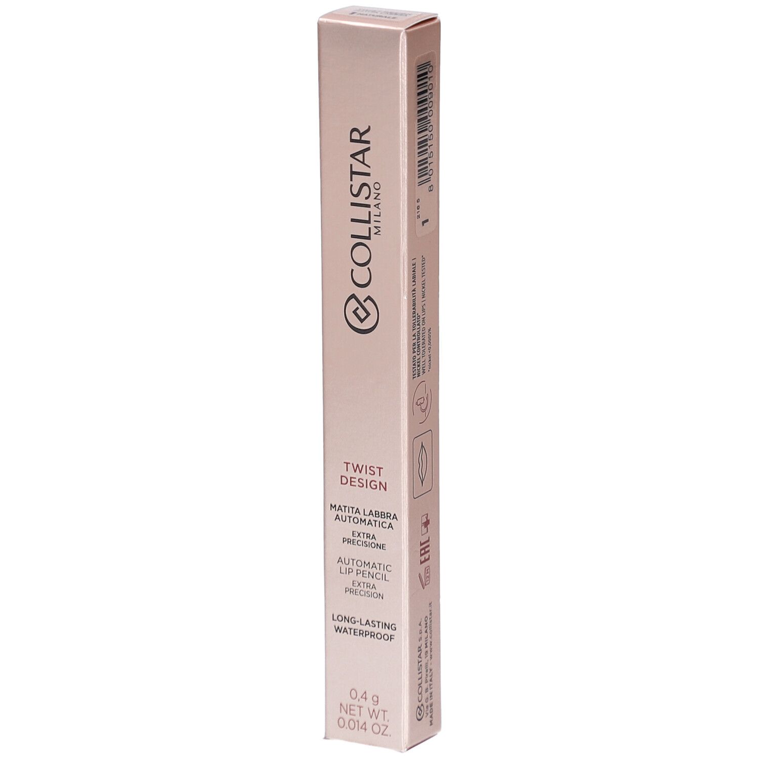 Rosafarbene Verpackung. Collistar Milano, Twist Design, Matita Labbra Automatica, Automatic Lip Pencil, Long-lasting Waterproof. 0.4 g.
