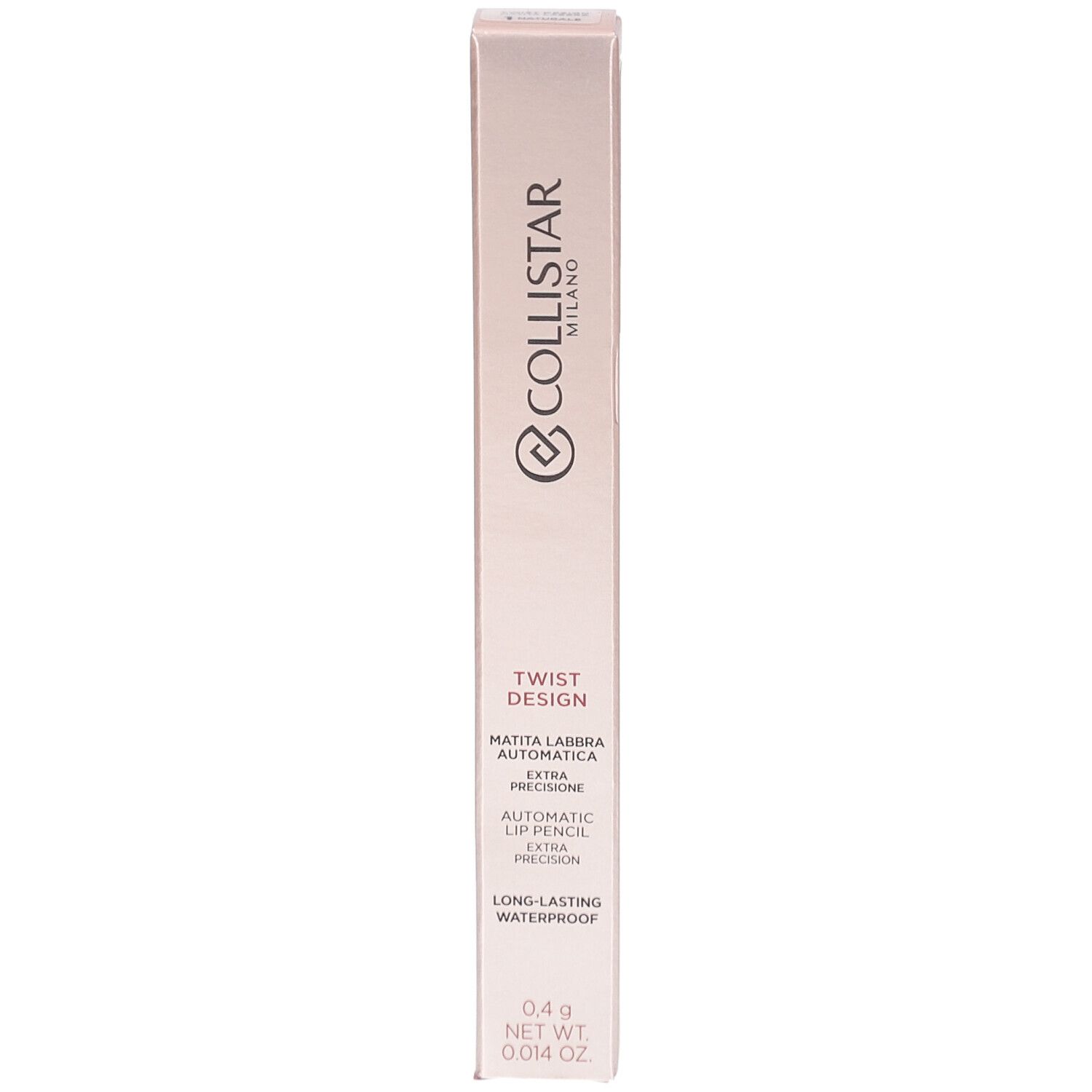 Rosafarbene Verpackung. Collistar Milano, Twist Design, Matita Labbra Automatica, Automatic Lip Pencil, Long-lasting Waterproof. 0.4 g.