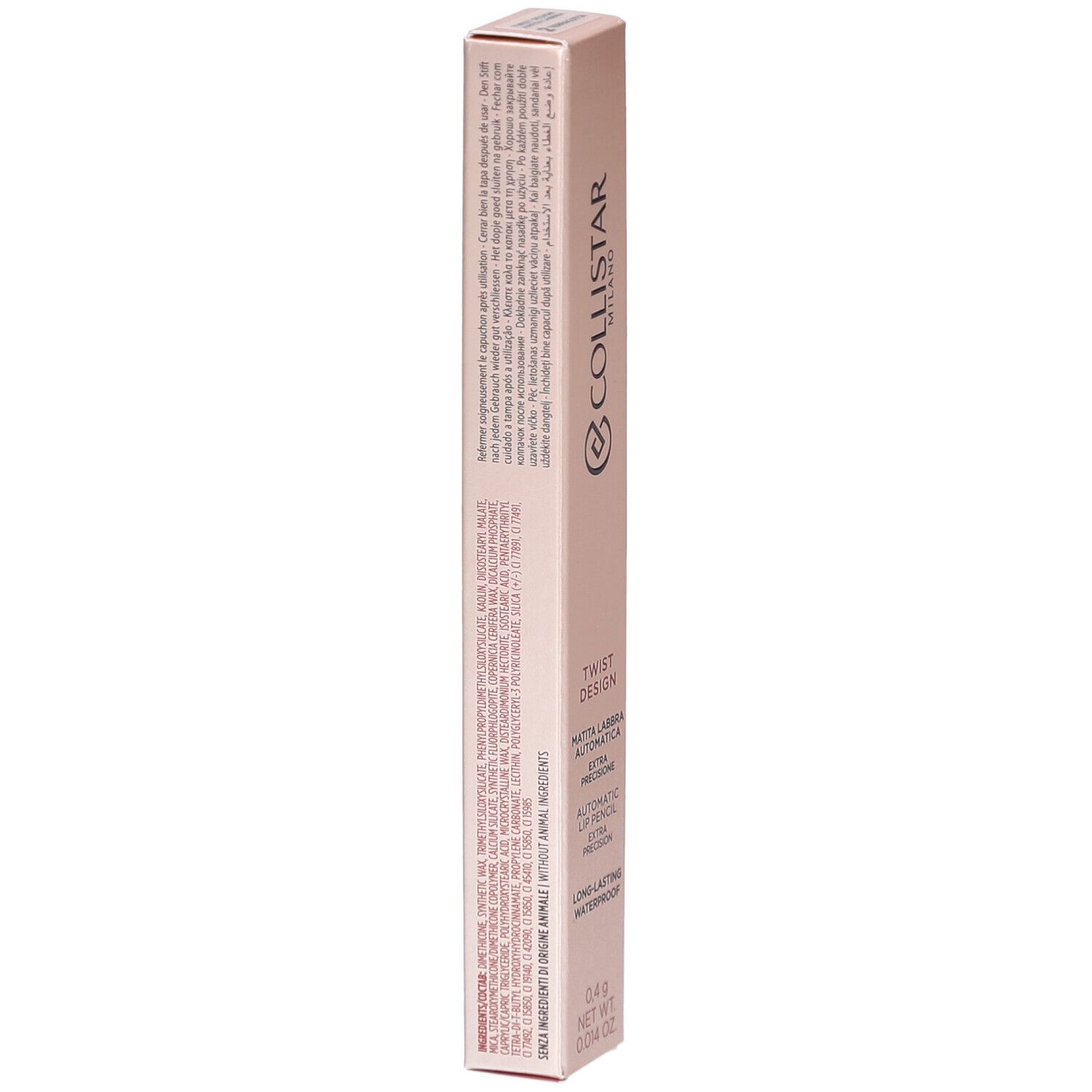 Rückseite der Collistar Lipliner-Verpackung. Rosa-goldene Schachtel mit Text. Enthält Produktinformationen und Inhaltsstoffe.