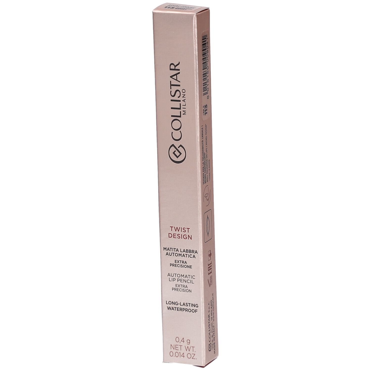 Collistar Milano Twist Design Lip Pencil. Rosafarbene Verpackung. Text und Logo. 0,4 g. Wasserdicht.