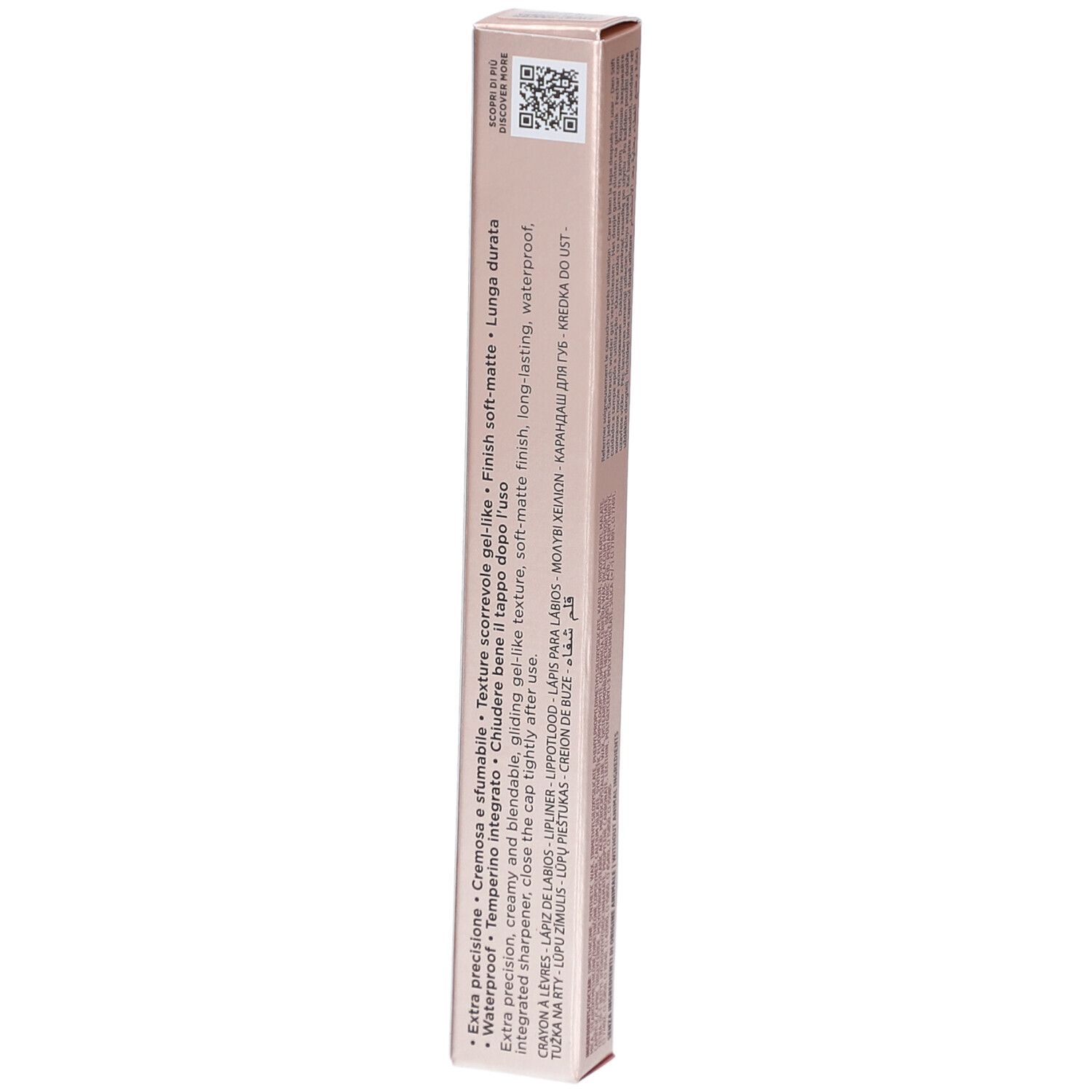 Seite der Collistar Twist Design Lip Pencil Verpackung. Text in mehreren Sprachen. QR-Code.