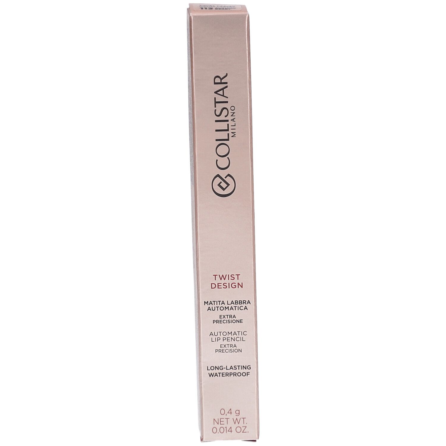 Collistar Milano Twist Design Lip Pencil. Rosafarbene Verpackung. Text und Logo. 0,4 g. Wasserdicht.