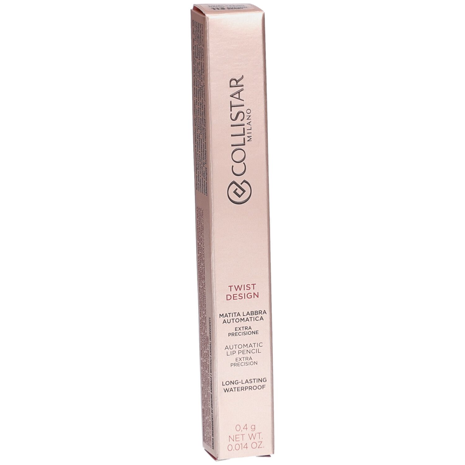 Collistar Milano Twist Design Lip Pencil. Rosafarbene Verpackung. Text und Logo. 0,4 g. Wasserdicht.