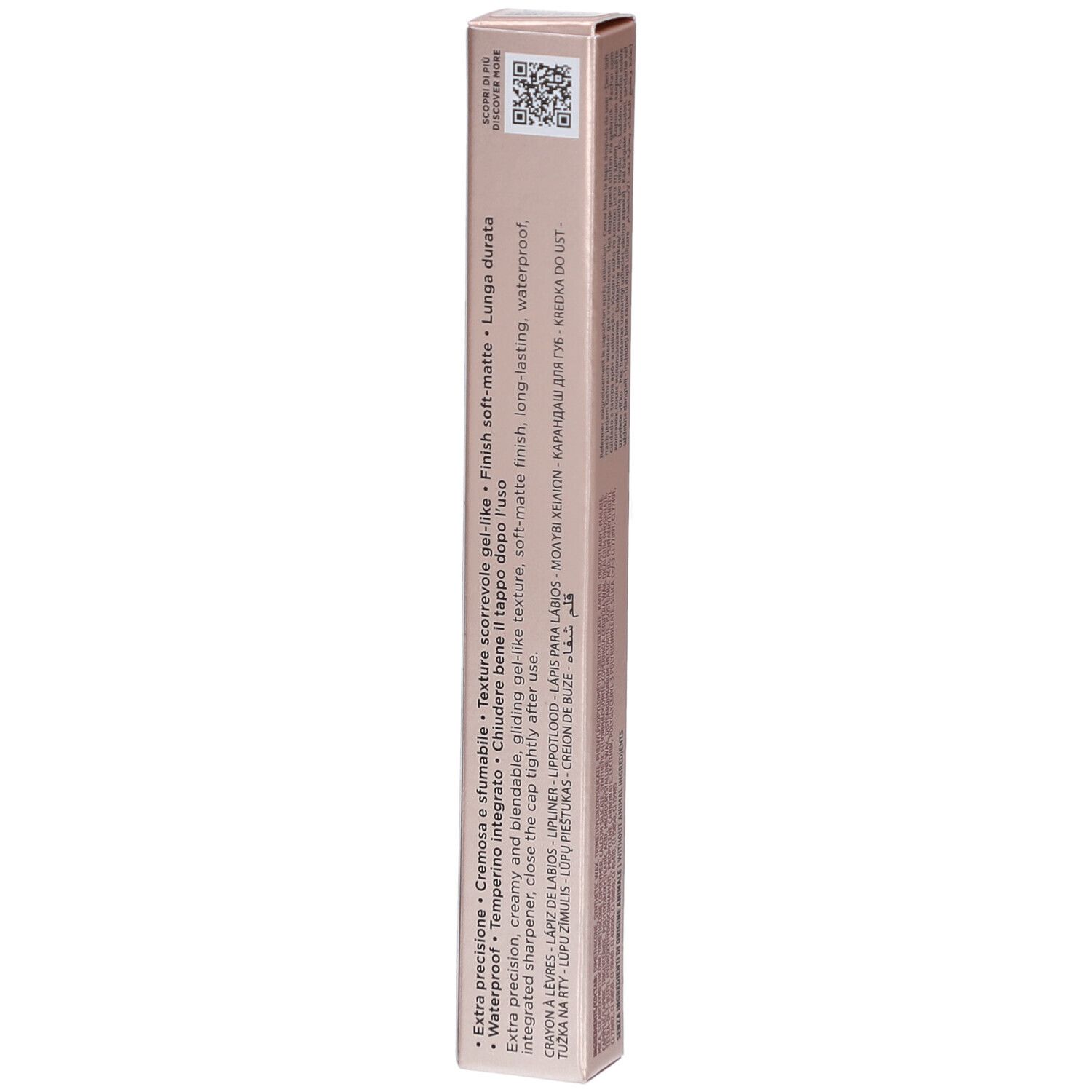 Seite der Collistar Lipliner-Verpackung. Text, QR-Code und Informationen aufgedruckt. Rosa-goldener Hintergrund.