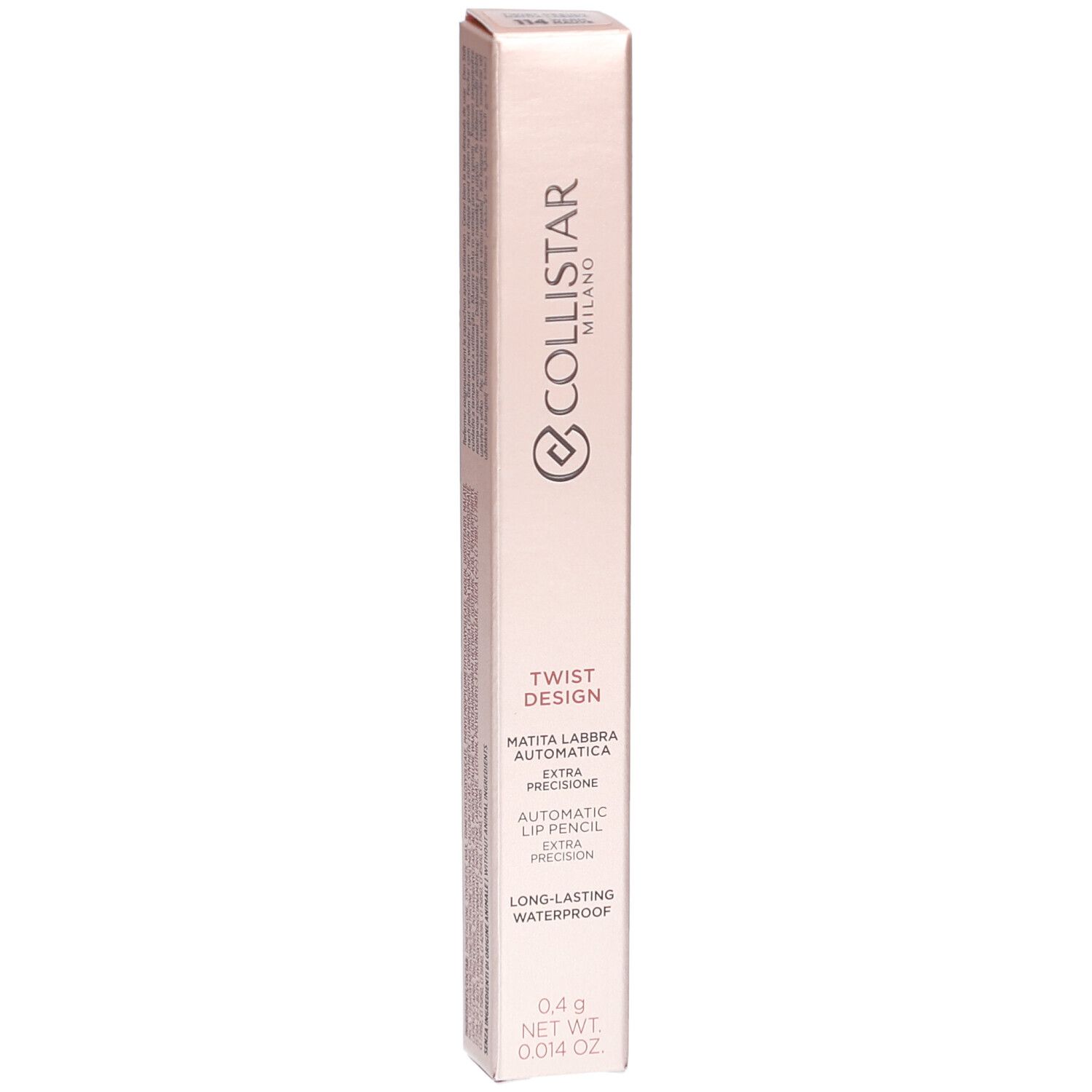 Collistar Milano Lipliner-Verpackung. Rosa-goldene, längliche Schachtel. Produktname und Logo auf der Vorderseite.