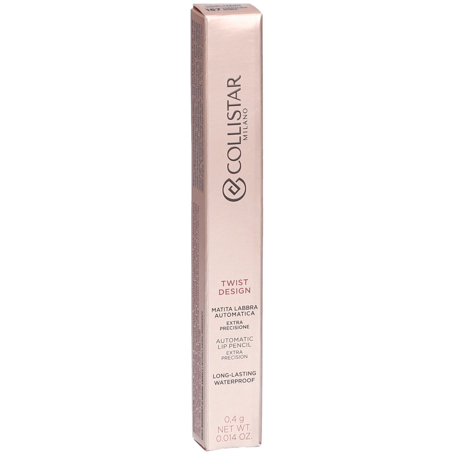 Collistar Lipliner-Verpackung. Rosa-goldene Schachtel mit Produktinformationen und Logo. Text: Twist Design, Matita Labbra Automatica.