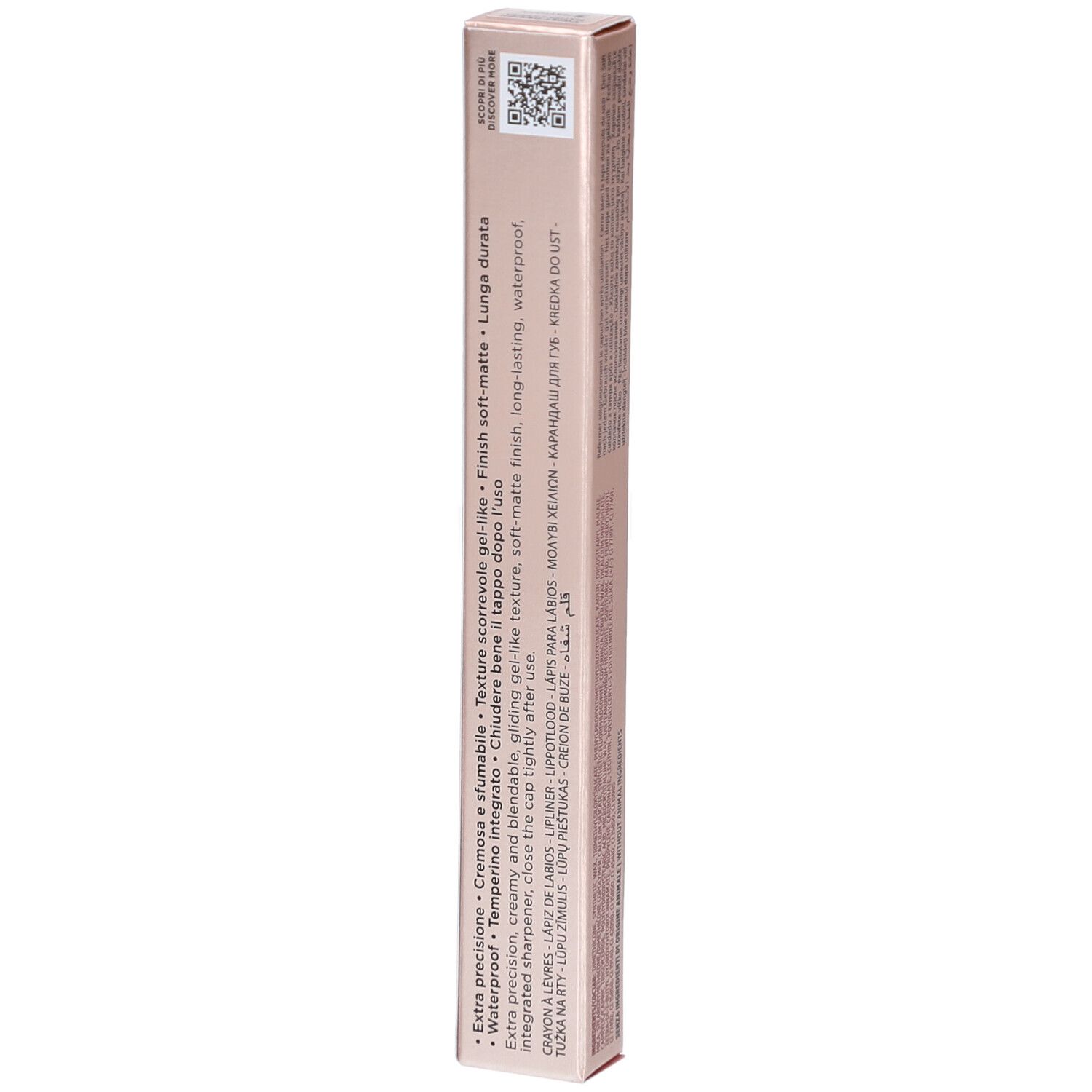 Rückseite der Collistar Lipliner-Verpackung. Rosa-goldene Schachtel mit Text. Enthält Produktinformationen und QR-Code.