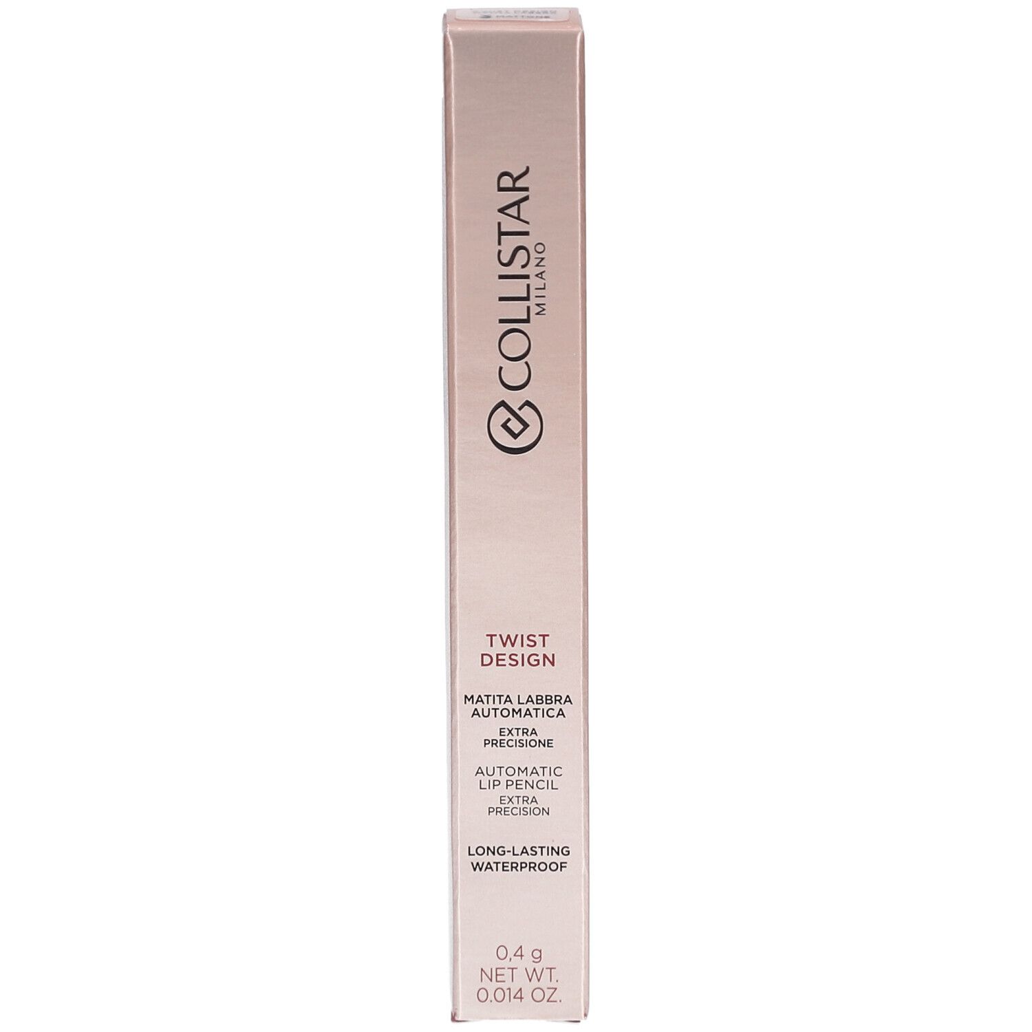 Collistar Lipliner-Verpackung. Rosa-goldene Schachtel mit Produktinformationen und Markennamen. Enthält 0,4 g.