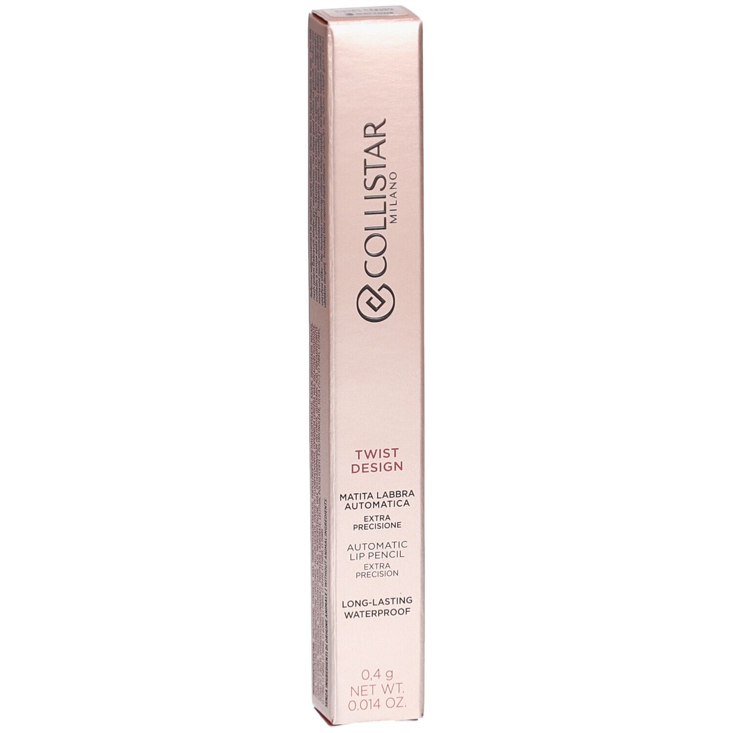 Collistar Lipliner-Verpackung. Rosa-goldene Schachtel mit Produktinformationen und Markennamen. Enthält 0,4 g.