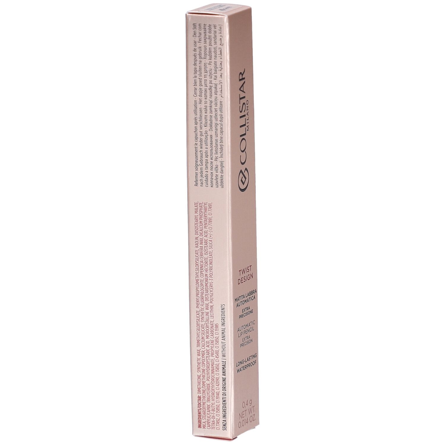 Rückseite der Collistar Lipliner-Verpackung. Rosa-goldene Schachtel mit Text. Text: Inhaltsstoffe, Finish soft-matte, extra Präzision.