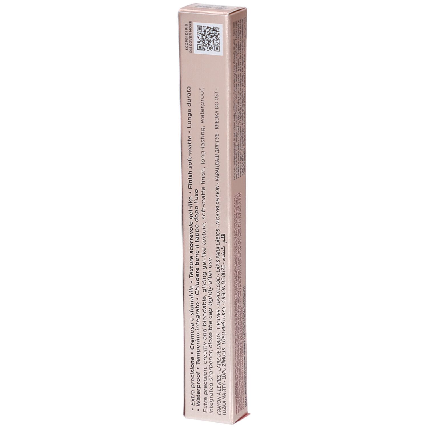 Seite der Collistar Lipliner-Verpackung. Rosa-goldene Schachtel mit Text. Text: Extra Präzision, Finish soft-matte, lange Haltbarkeit.