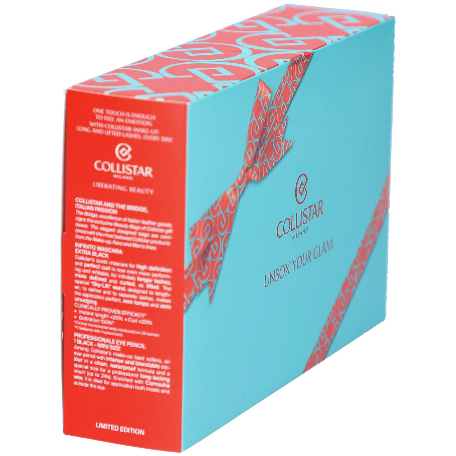 Coffret turquoise avec ruban rouge et logo. Texte: UNBOX YOUR GLAM. Marque: Collistar Milano. Inscription: LIMITED EDITION.