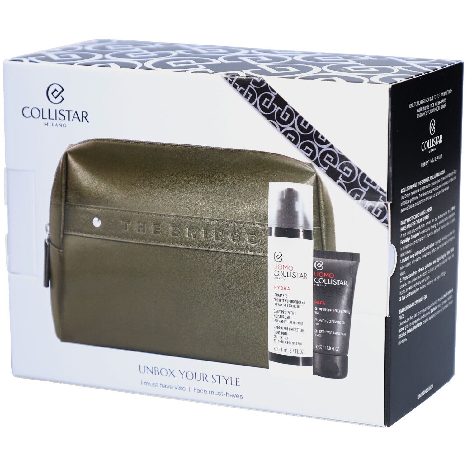 Collistar Geschenkset Mann Must-haves Gesicht mit Kosmetiktasche und zwei Produkten.