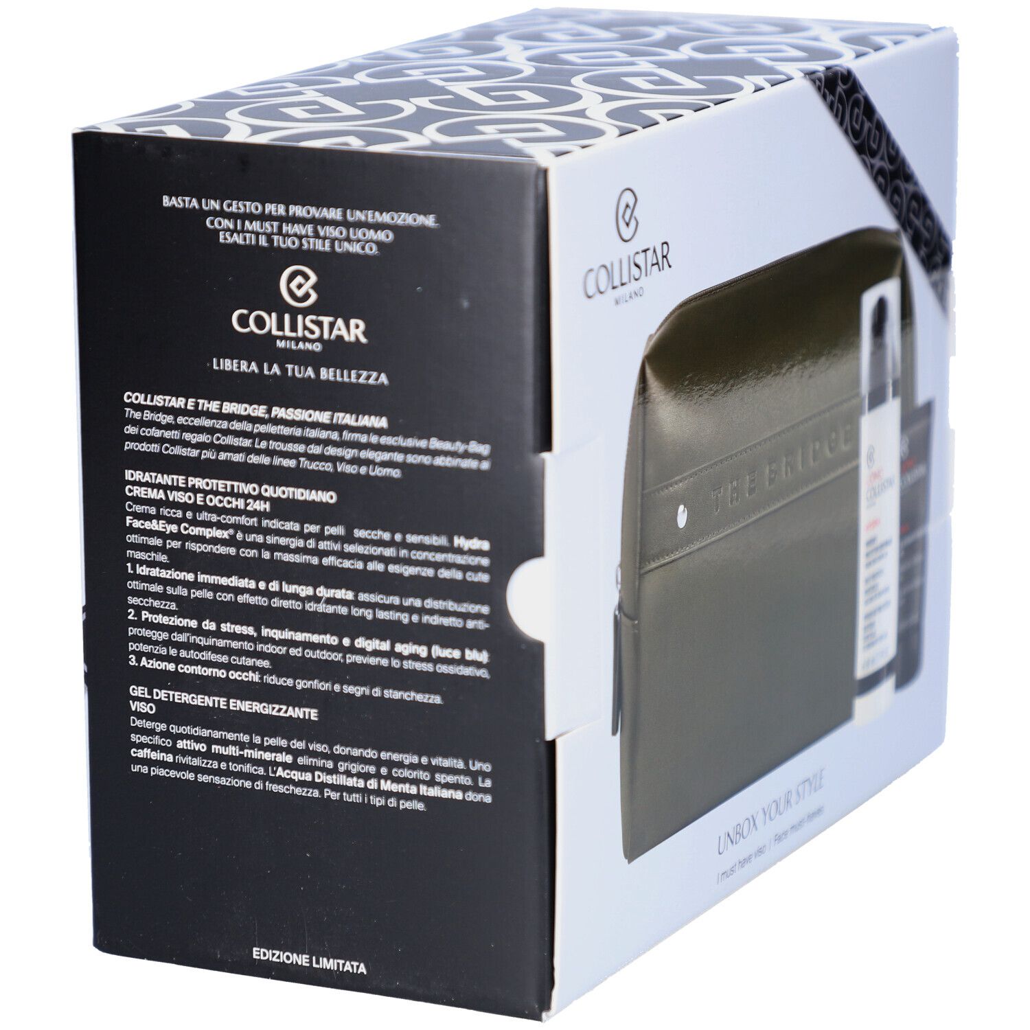 Collistar Geschenkset Mann Must-haves Gesicht, Seitenansicht mit Kosmetiktasche und Produkten.