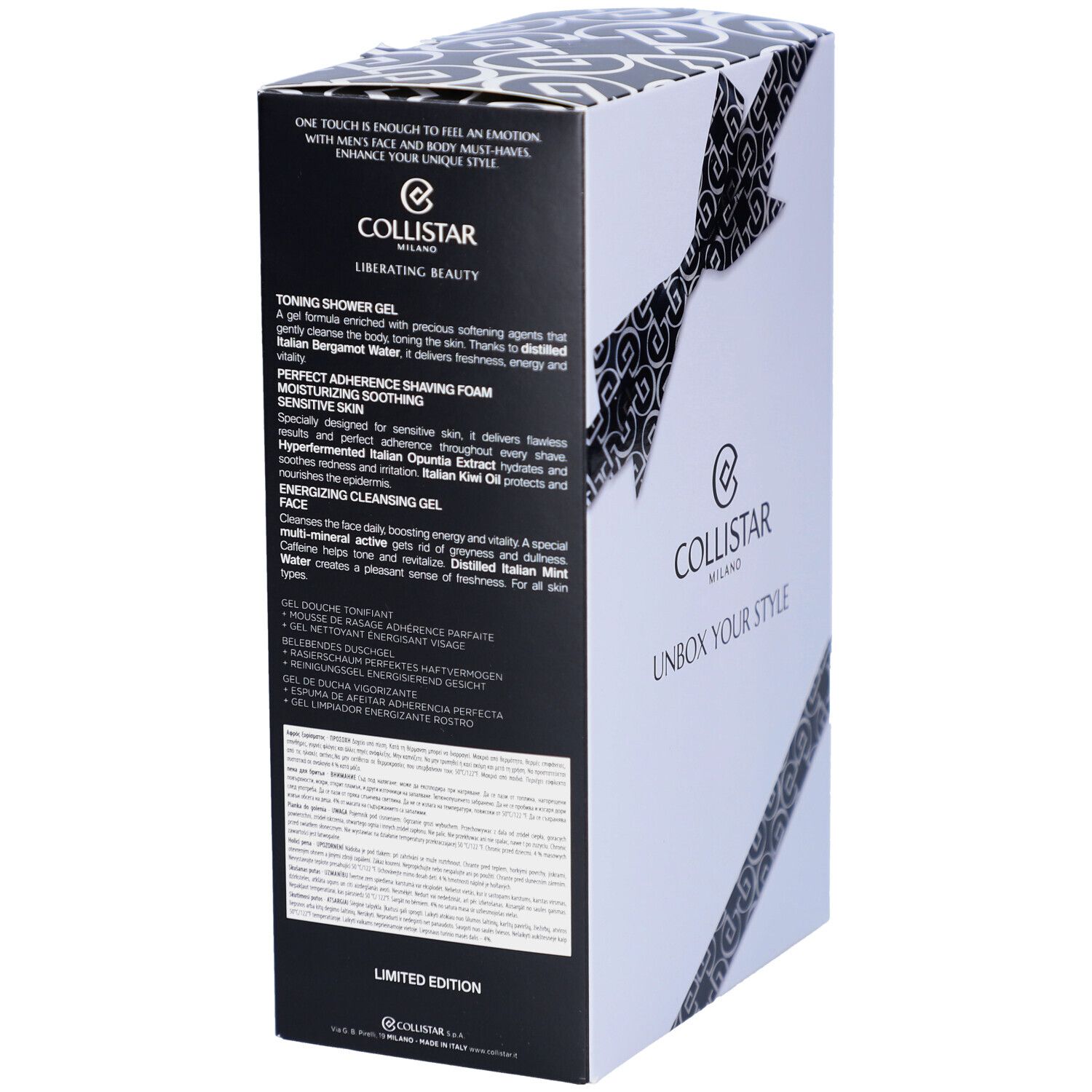 Geschenkbox, Rückseite. Text: Collistar Milano. Produktbeschreibungen in mehreren Sprachen.