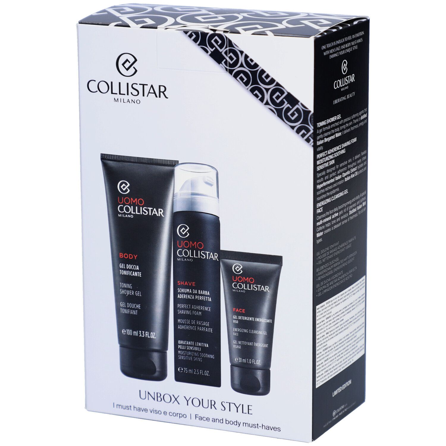 Geschenkbox mit drei Produkten. Marke Collistar Milano. Text: Uomo, Unbox Your Style.
