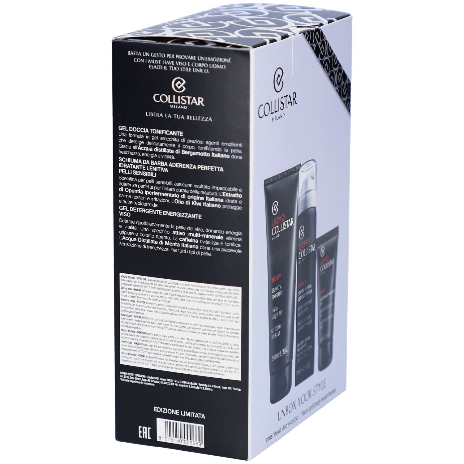 Geschenkbox, Rückseite. Produkte sichtbar. Text: Collistar Milano. Produktbeschreibungen.