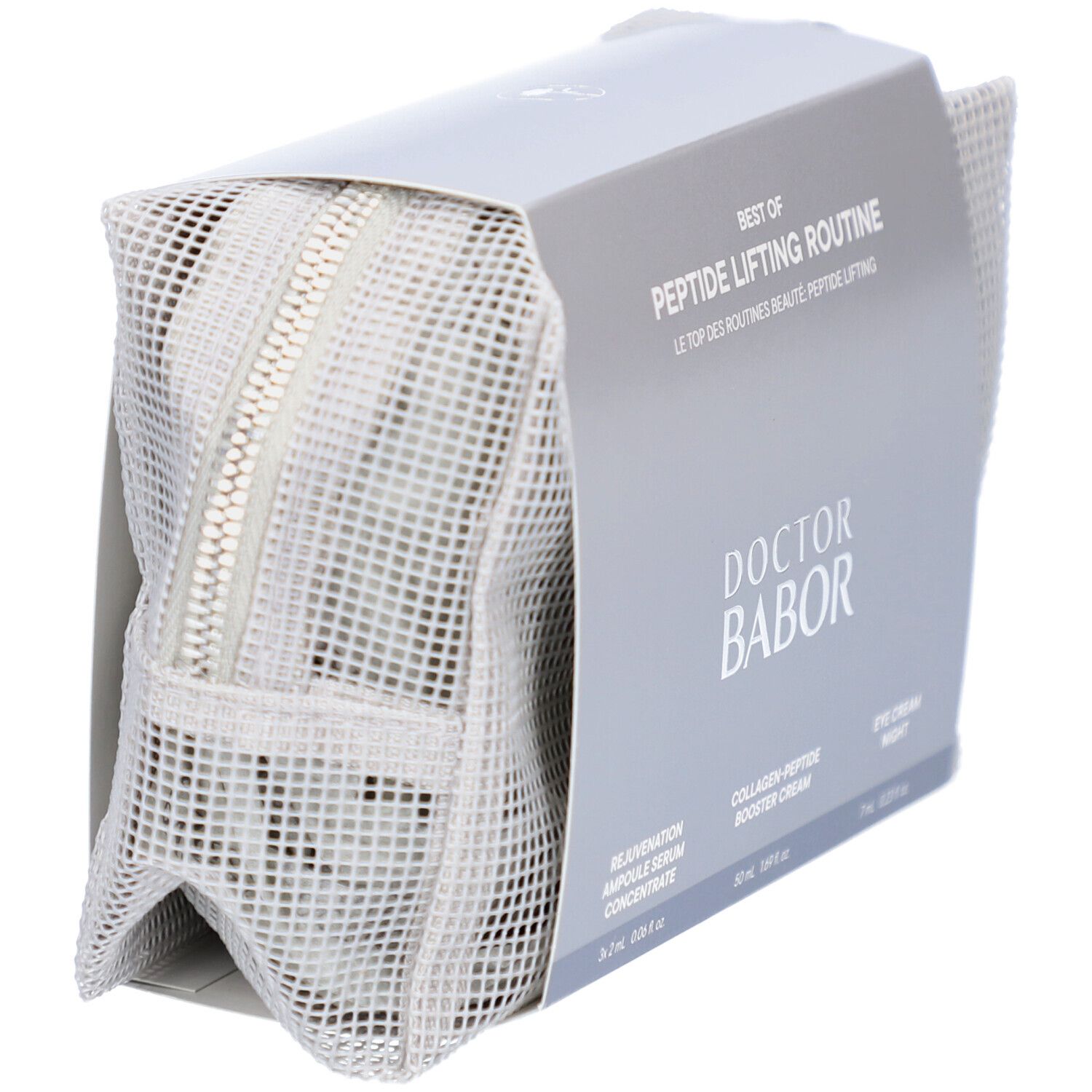 Graue Kosmetiktasche mit Reißverschluss. Aufgedruckter Text: Best of Peptide Lifting Routine. Doctor Babor.