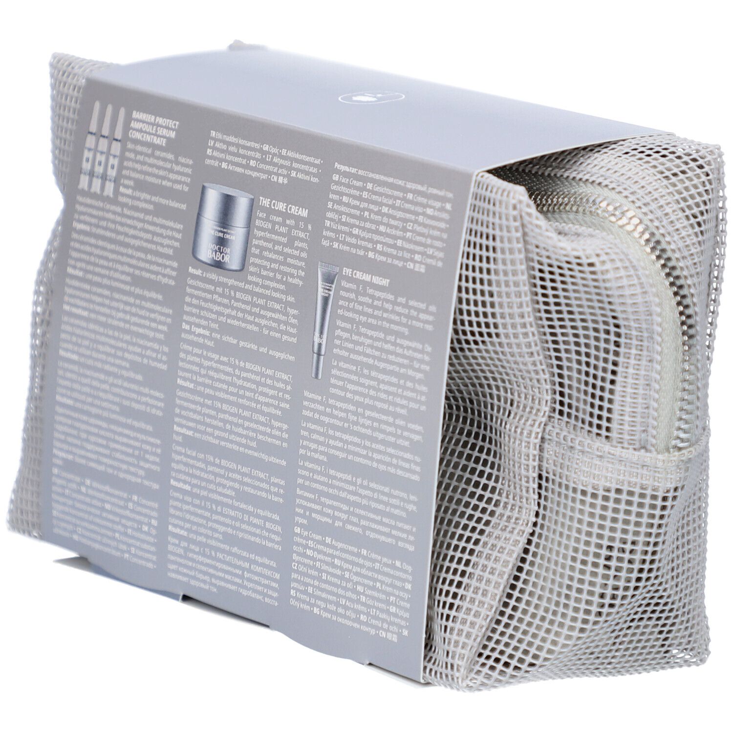 Kosmetiktasche mit Produkten. Auf der Verpackung steht BEST OF BARRIER PROTECTION ROUTINE und DOCTOR BABOR.