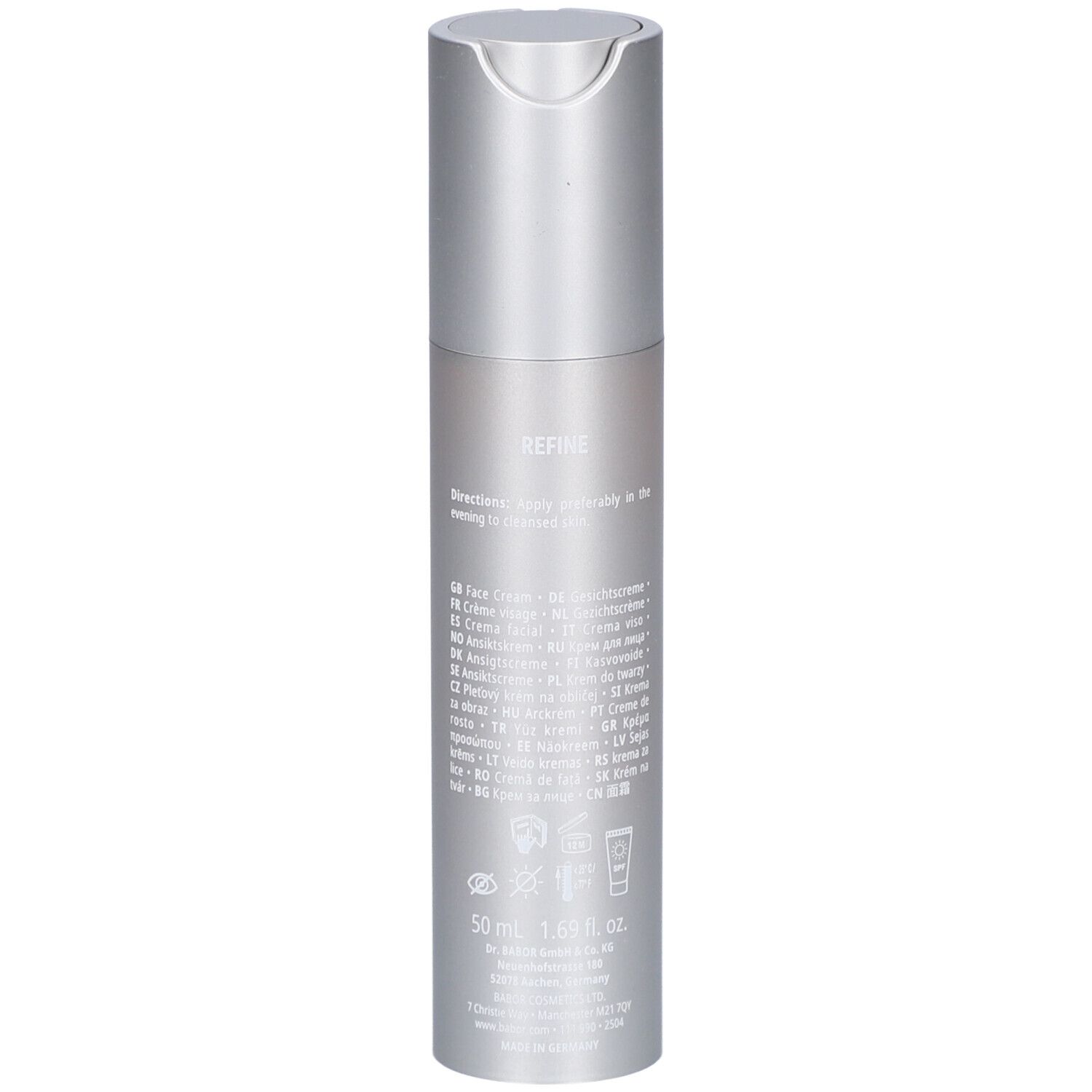 Silberne Flasche mit Dosierkopf. Aufschrift: 50 ml 1.69 fl. oz. Text in mehreren Sprachen.