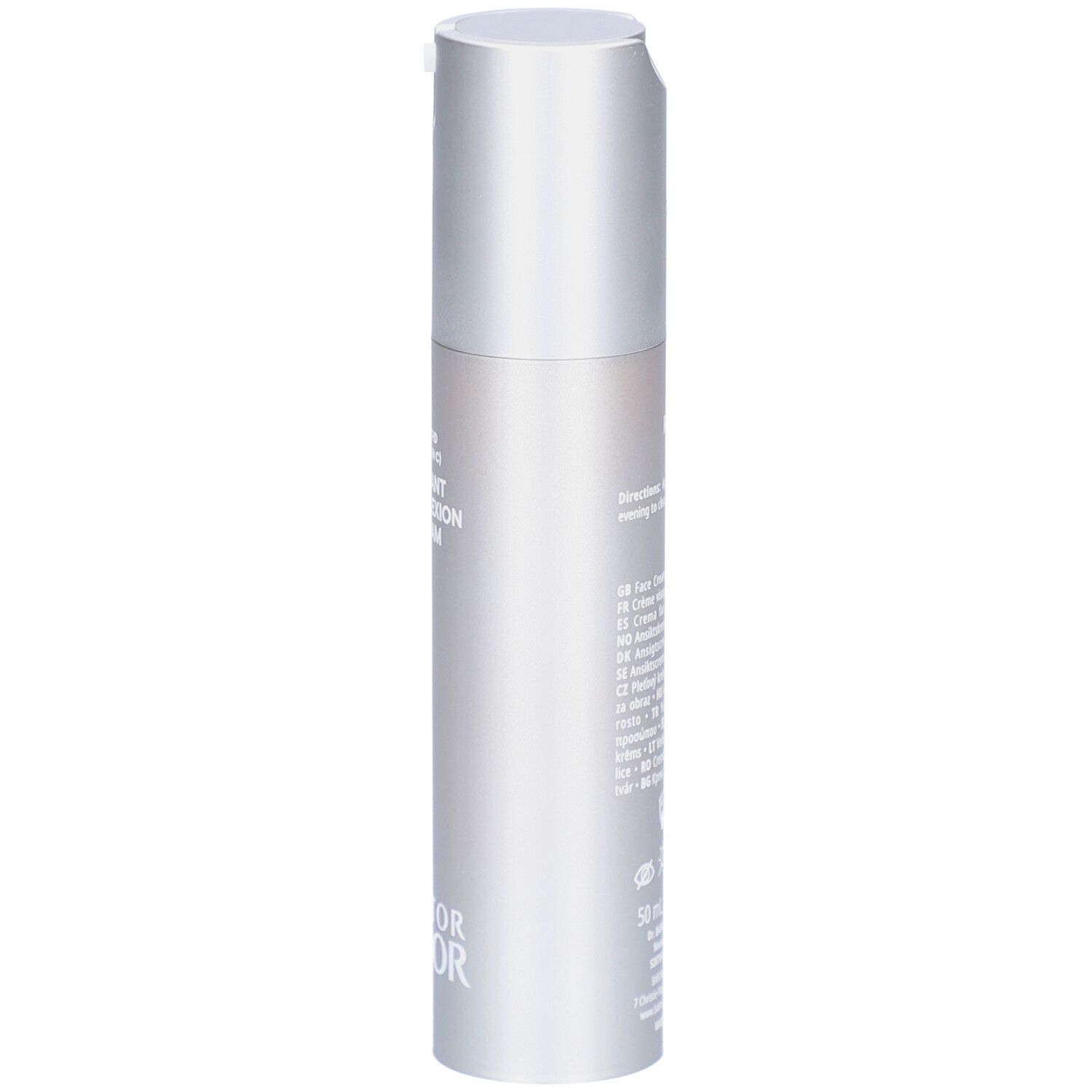 Silberne Flasche mit Dosierkopf. Aufschrift: Doctor BABOR. Text auf der Flasche.