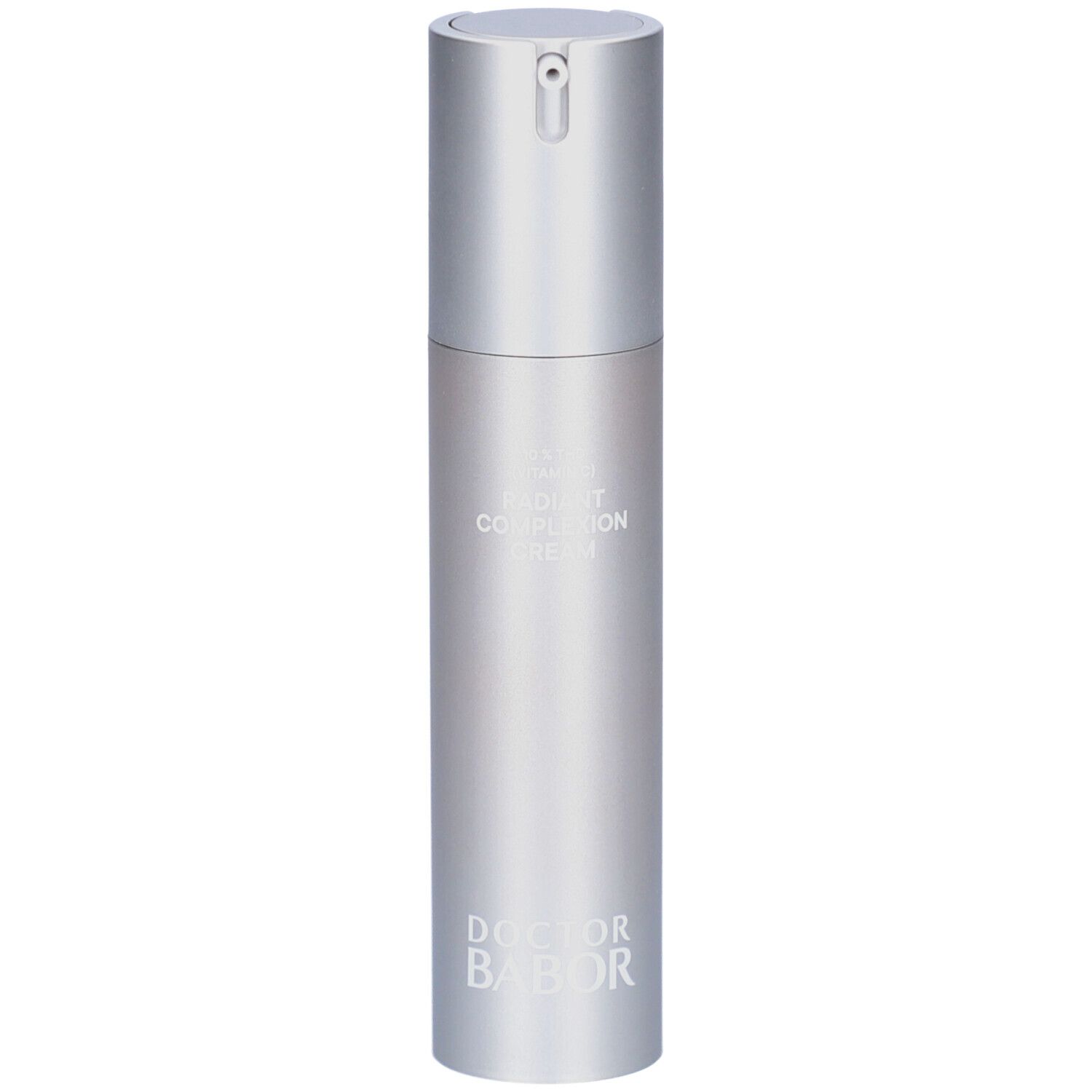 Silberne Flasche mit Dosierkopf. Aufschrift: Doctor BABOR, Radiant Complexion Cream.