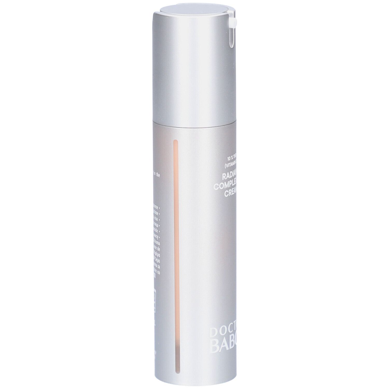 Silberne Flasche mit Dosierkopf. Aufschrift: Doctor BABOR, Radiant Complexion Cream. Vertikale Linie.