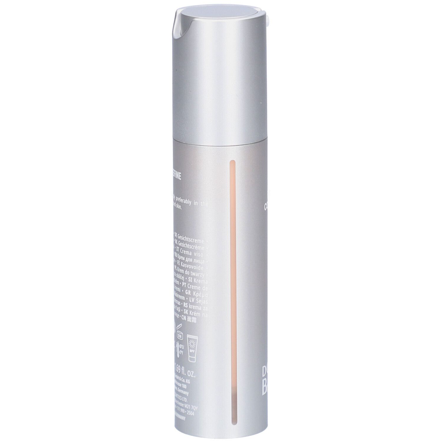 Silberne Flasche mit Dosierkopf. Aufschrift: Doctor BABOR. Vertikale, farbige Linie. Text auf der Flasche.