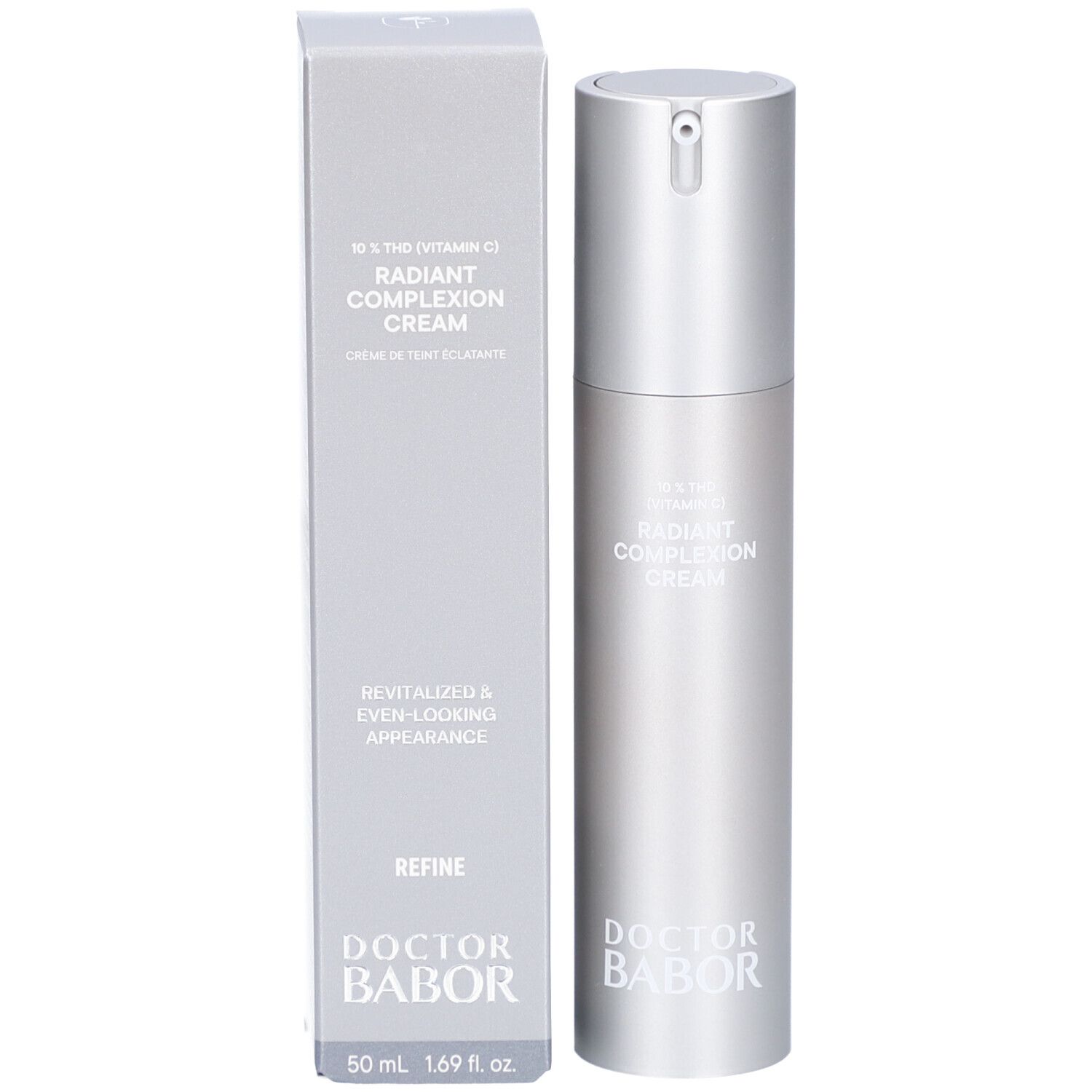 Produktflasche und Schachtel. Aufschrift: Doctor BABOR, Radiant Complexion Cream. 50 ml.