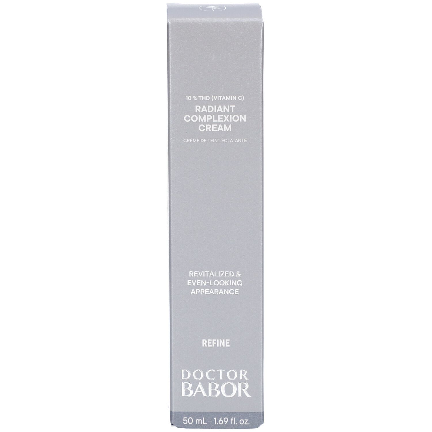 Graue Schachtel. Aufschrift: Doctor BABOR, Radiant Complexion Cream. 50 ml 1.69 fl. oz.