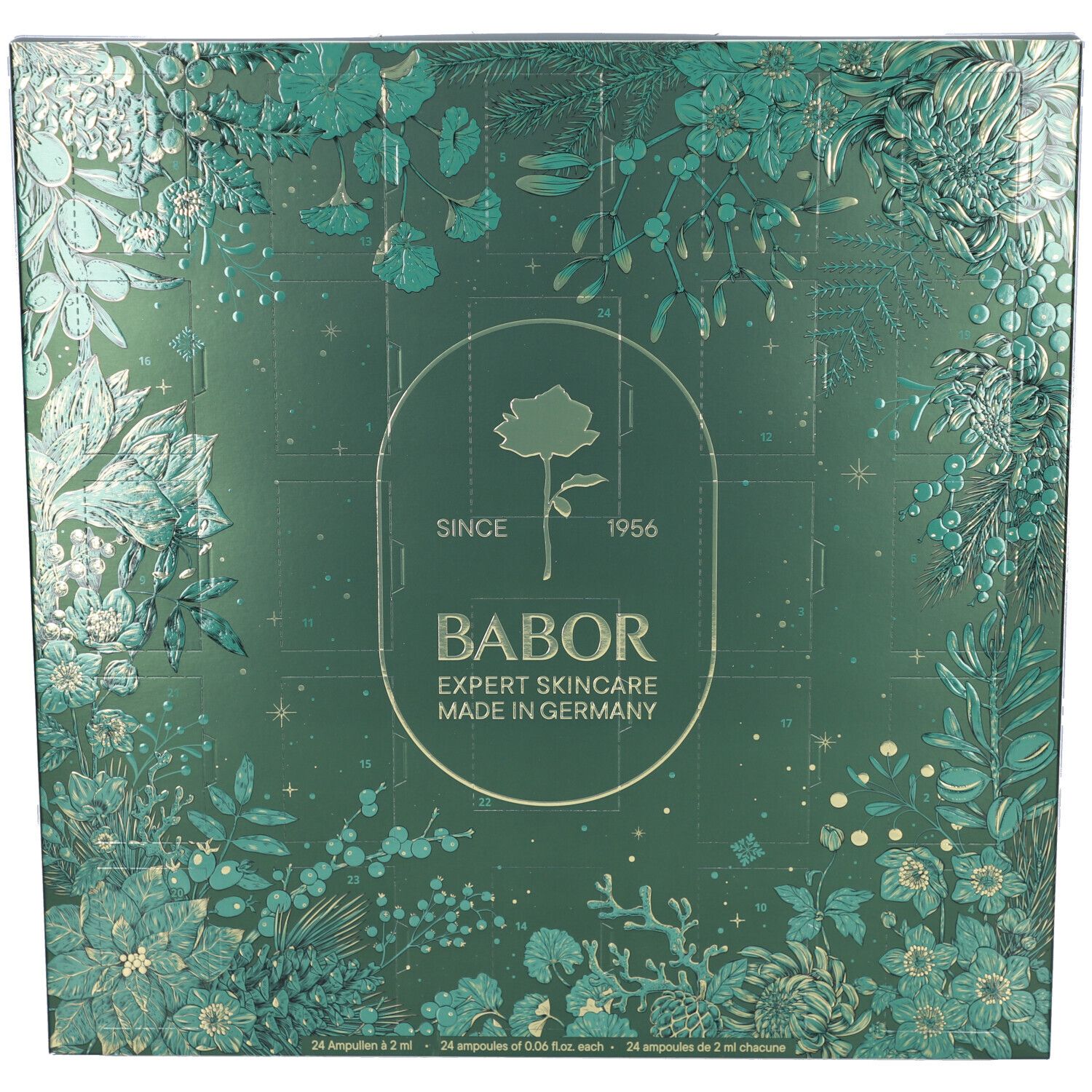 Adventskalender mit grünem floralem Design. Logo: BABOR EXPERT SKINCARE MADE IN GERMANY. 24 Ampullen. Grün-goldene Verpackung.