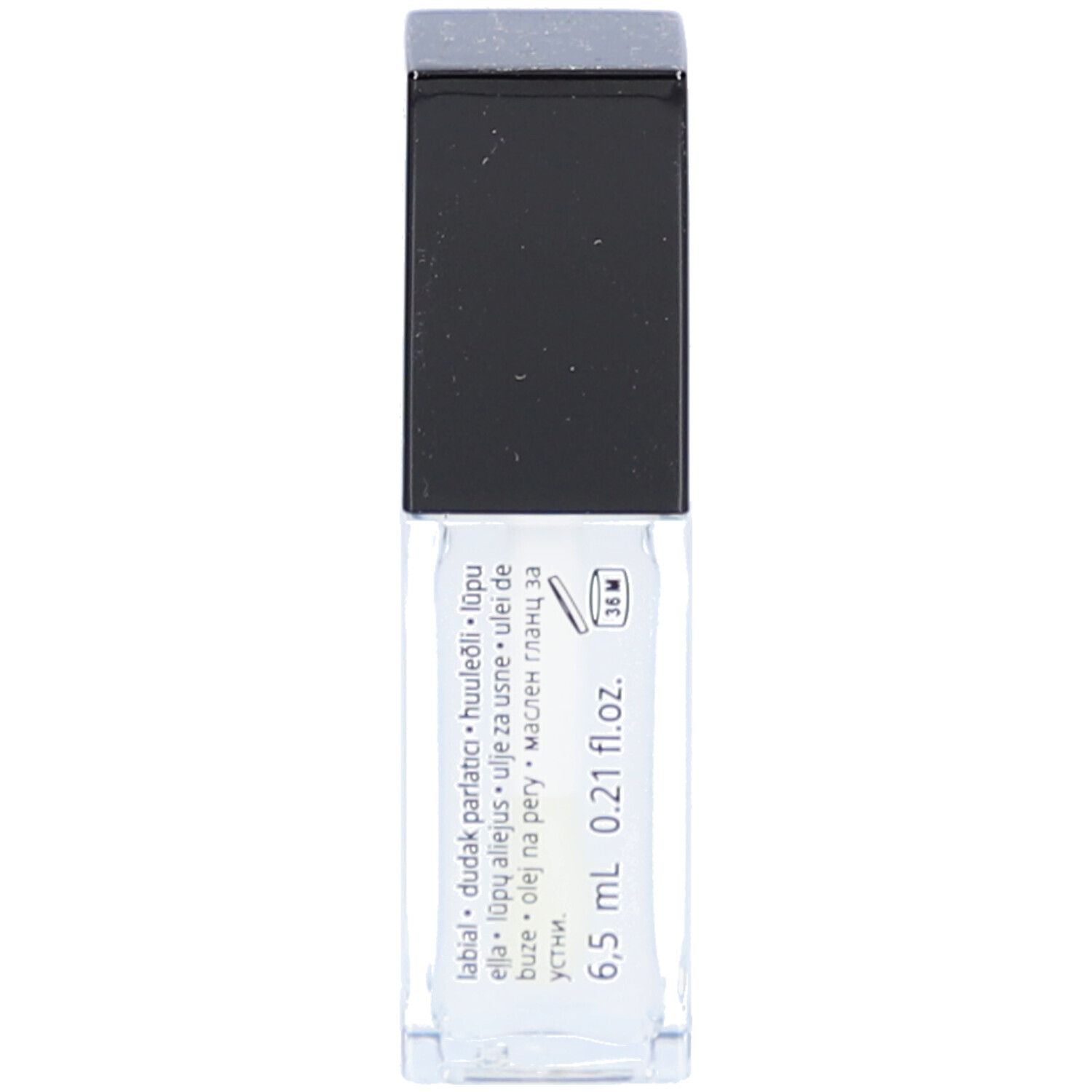 Transparente Lip Oil Flasche mit schwarzem Deckel. Aufschrift: 6,5 ml 0.21 fl.oz.