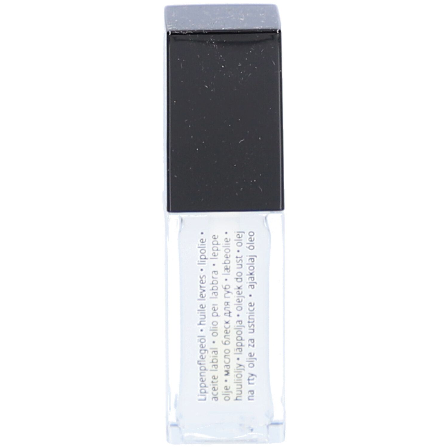 Transparente Lip Oil Flasche mit schwarzem Deckel. Aufschrift: Lippenpflegeöl, huile levres, olio per labbra.
