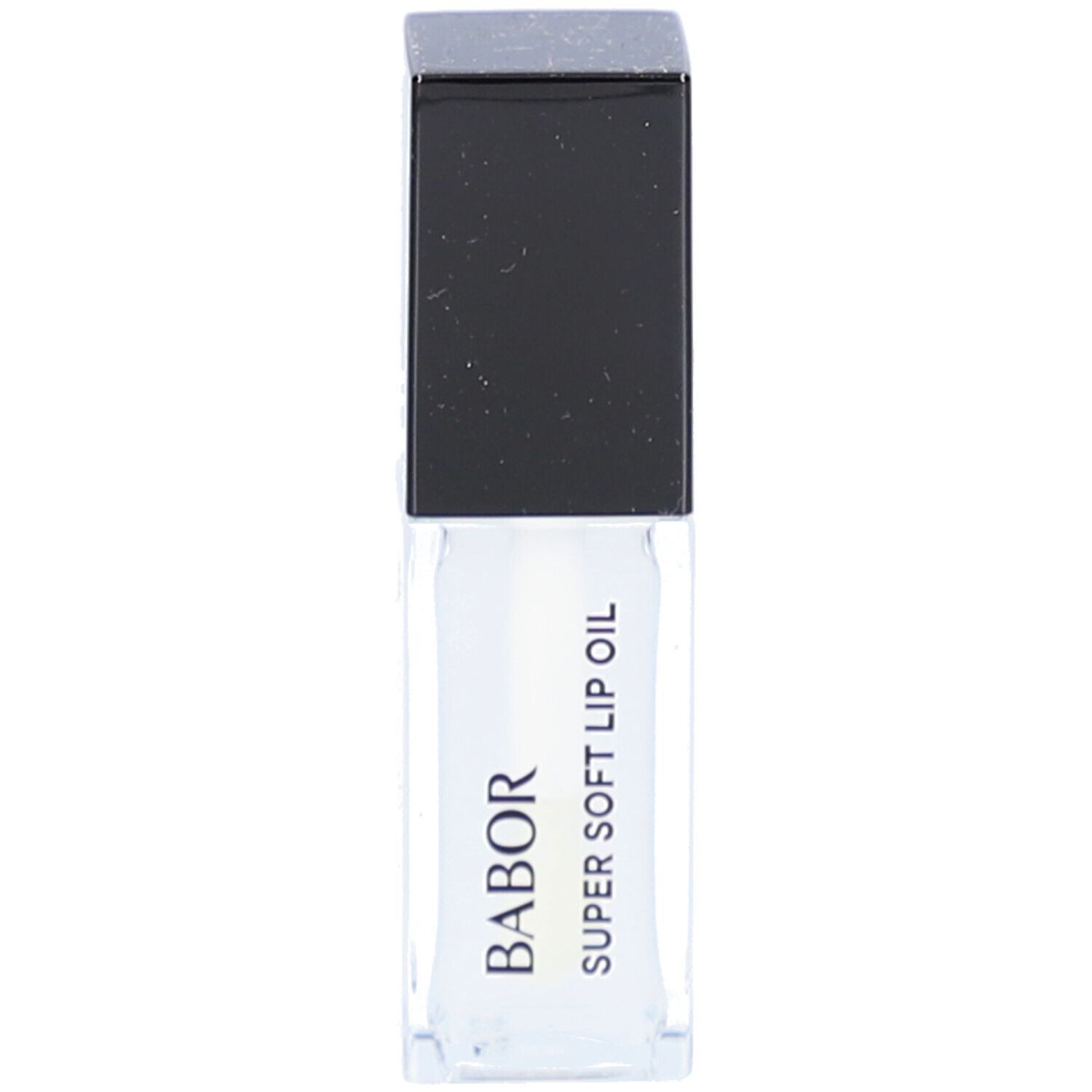 Transparente Lip Oil Flasche mit schwarzem Deckel. Aufschrift: BABOR SUPER SOFT LIP OIL.