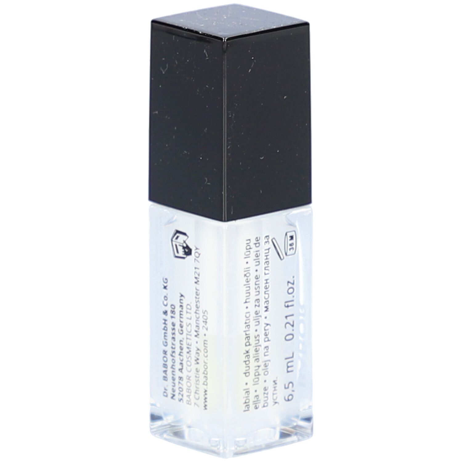 Transparente Lip Oil Flasche mit schwarzem Deckel. Aufschrift: 6,5 ml 0.21 fl.oz. und Adresse.