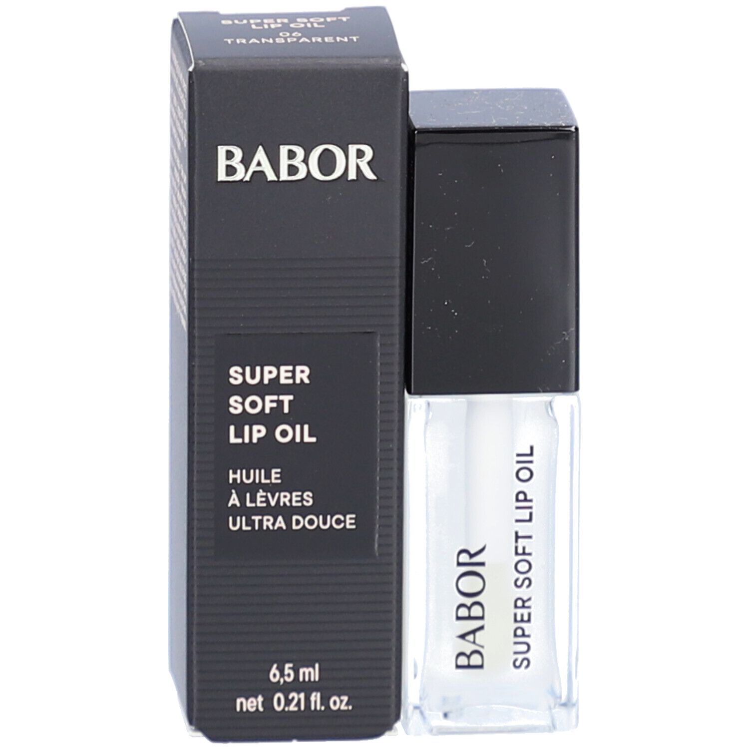Schwarze Verpackung mit Lip Oil Flasche. Aufschrift: BABOR SUPER SOFT LIP OIL, 6,5 ml.