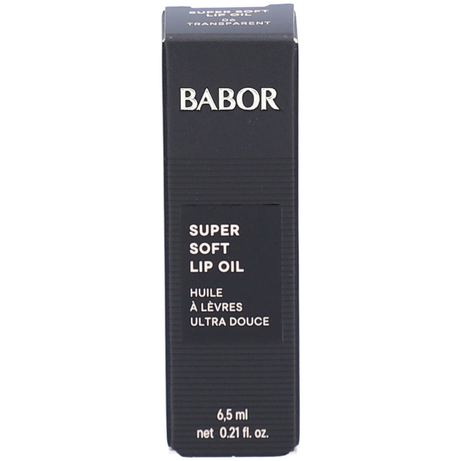 Schwarze Verpackung mit Aufschrift: BABOR SUPER SOFT LIP OIL, 6,5 ml.