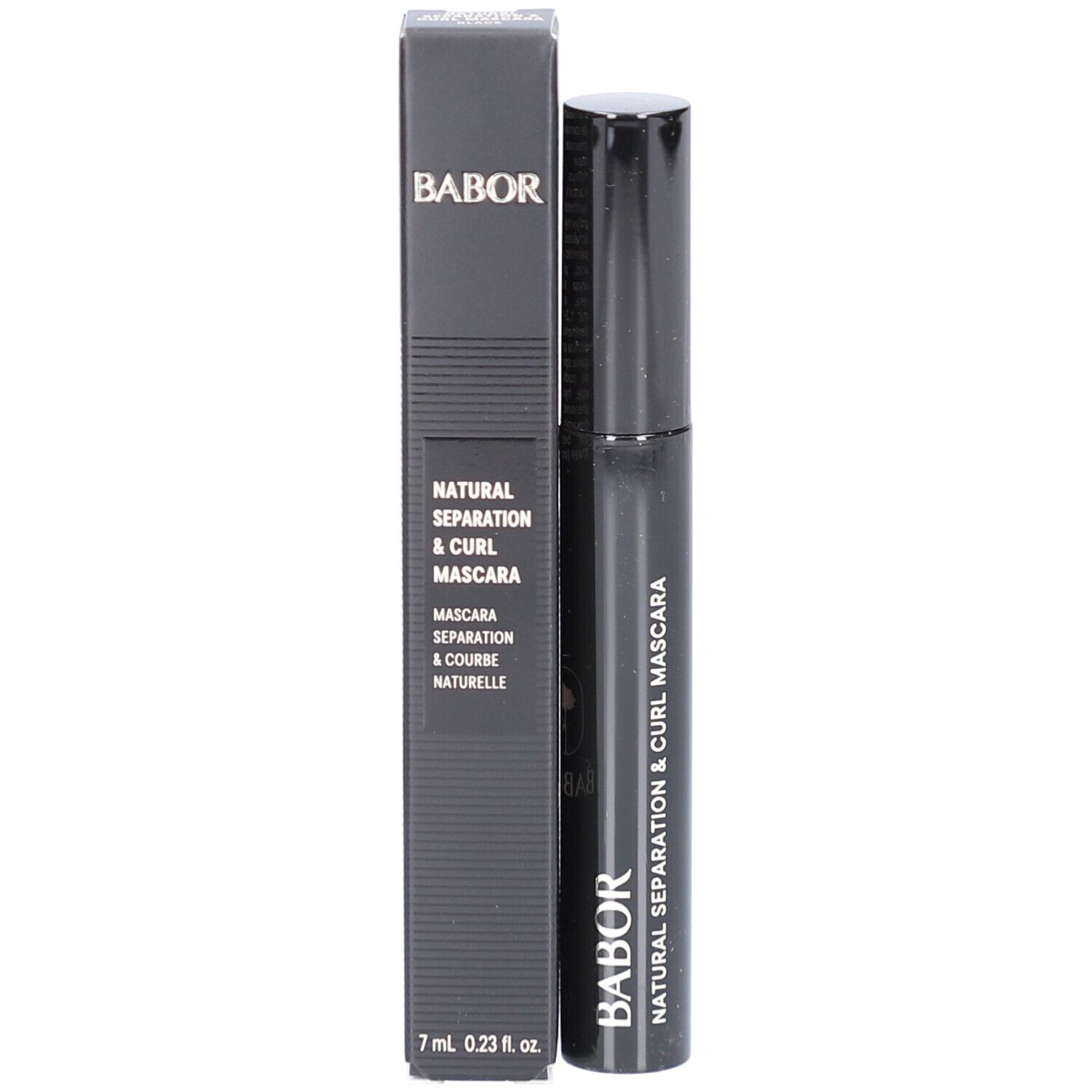 Schwarze Verpackung mit Mascarabürste. Aufschrift: Babor, Natural Separation & Curl Mascara, 7 ml 0.23 fl.oz.