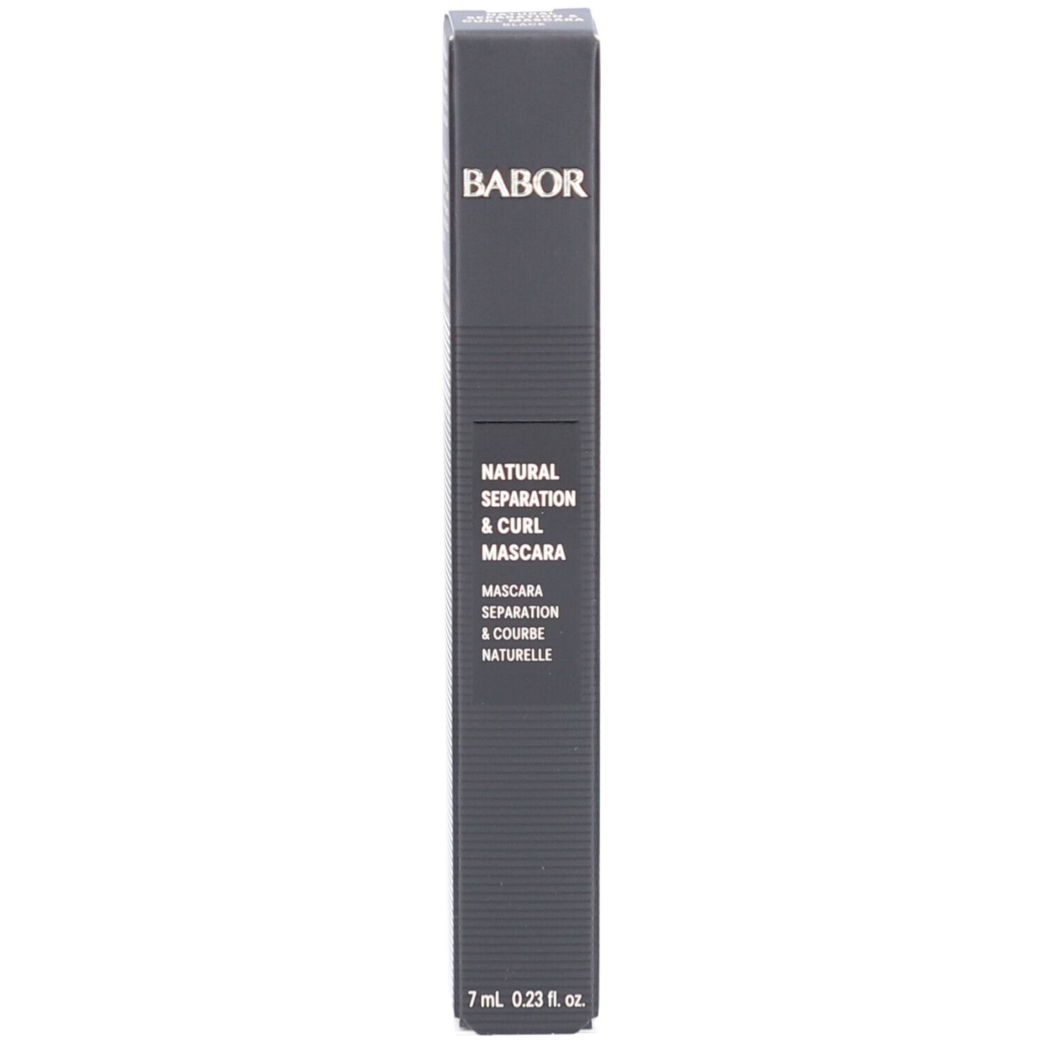 Schwarze Verpackung. Aufschrift: Babor, Natural Separation & Curl Mascara, 7 ml 0.23 fl.oz.