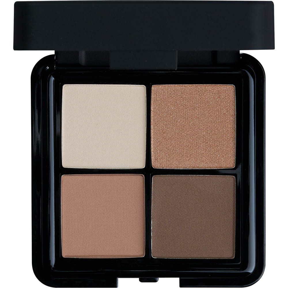 Quadratische Lidschattenpalette mit 4 Farben in Beige- und Brauntönen. Schwarzer Rahmen.