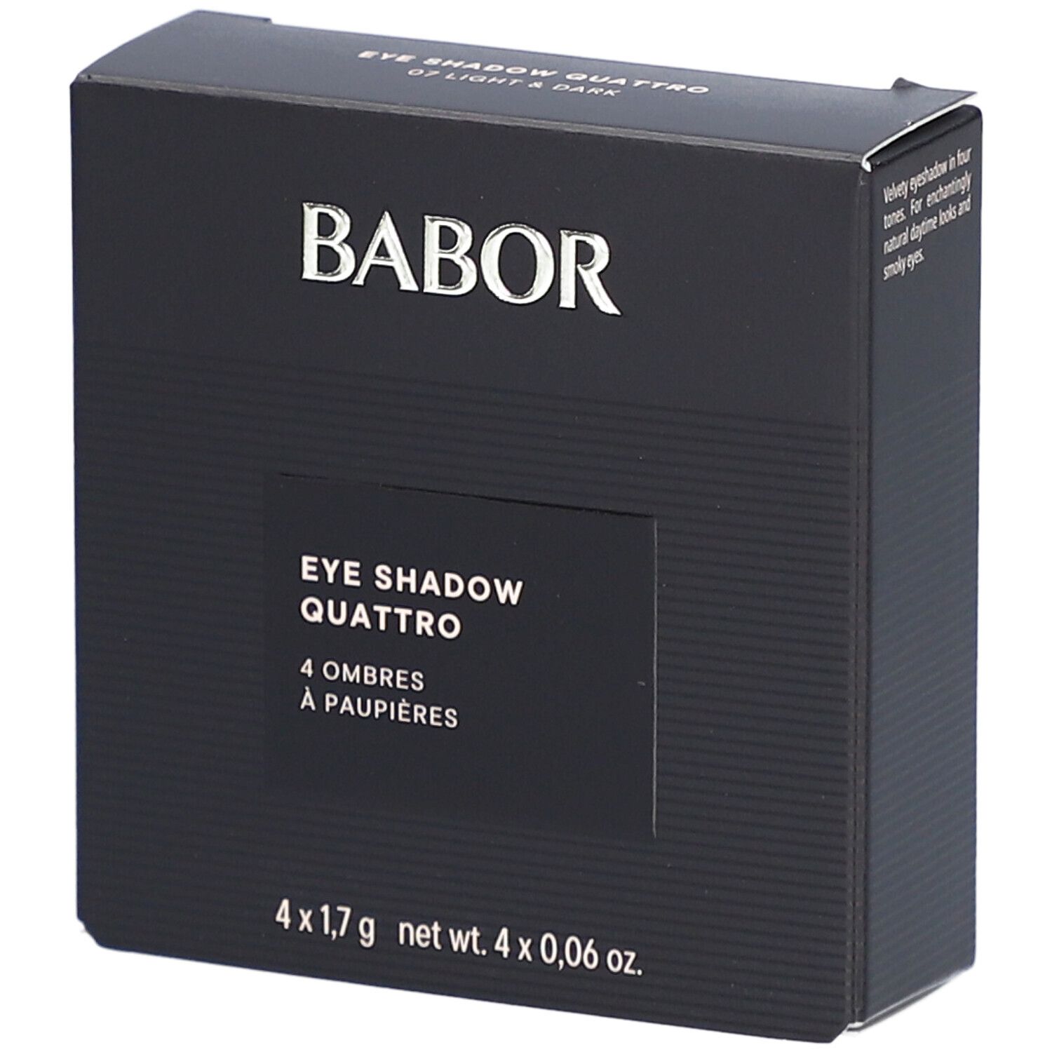 Schwarze Babor-Verpackung. Aufschrift: EYE SHADOW QUATTRO, 4 Ombres à paupières. Unten: 4 x 1,7 g net wt. 4 x 0,06 oz.