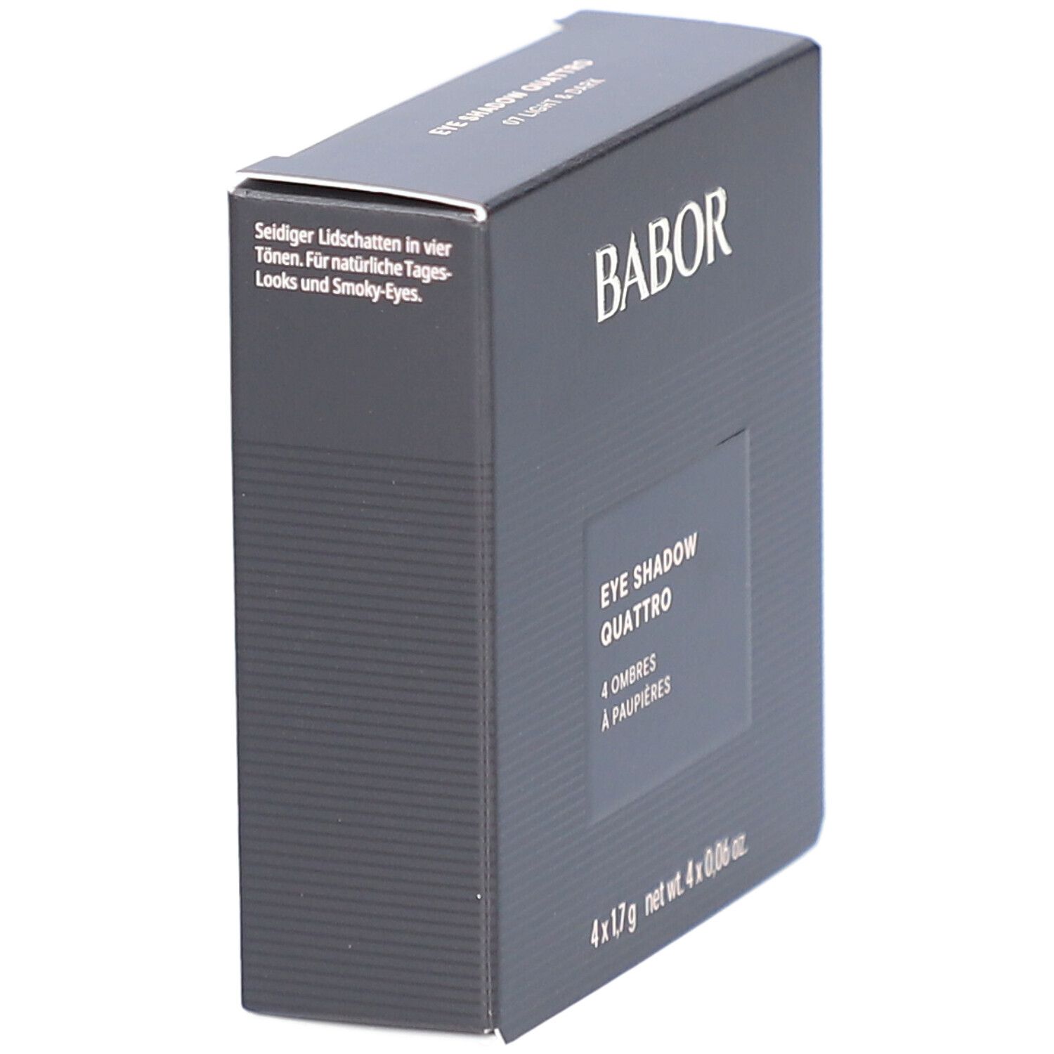 Schwarze Babor-Verpackung. Aufschrift: EYE SHADOW QUATTRO, 4 Ombres à paupières. Unten: 4 x 1,7 g net wt. 4 x 0,06 oz.