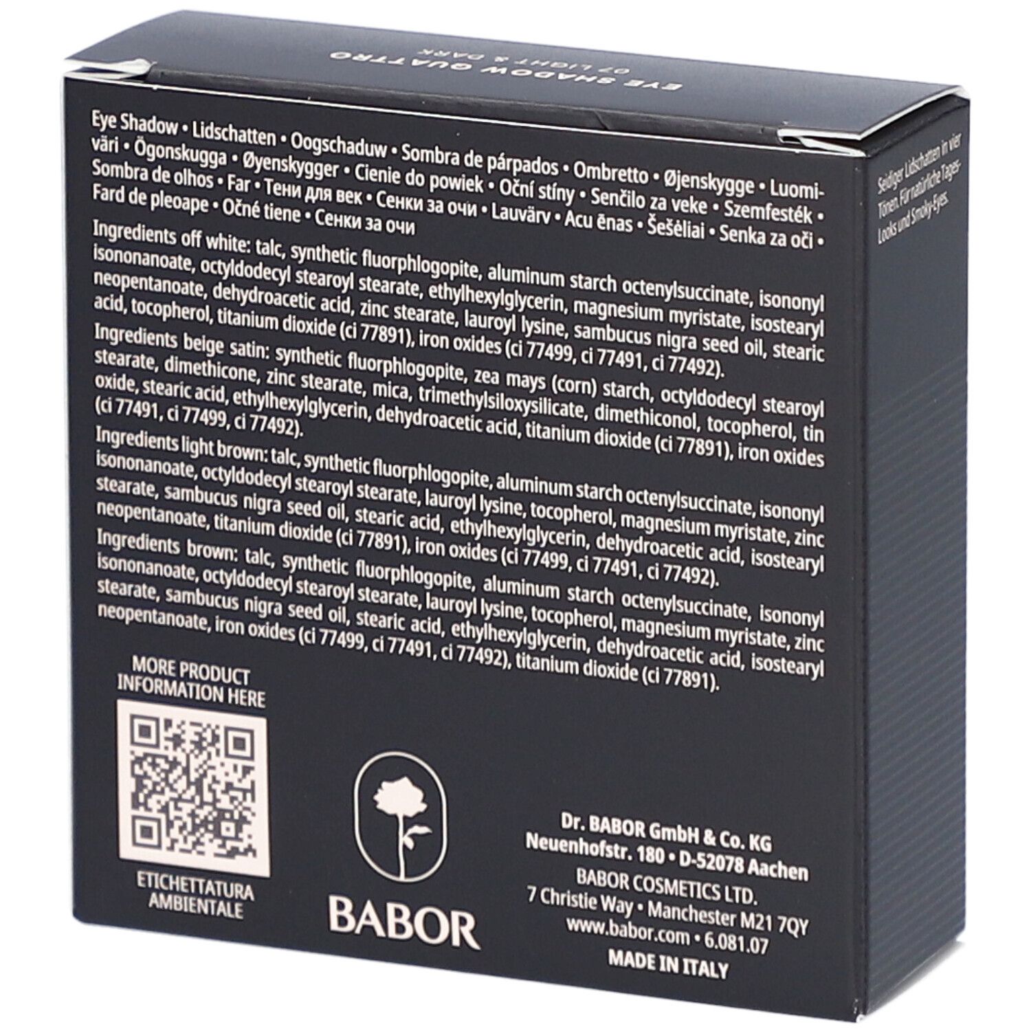 Schwarze Babor-Verpackung. Aufschrift: EYE SHADOW QUATTRO, 4 Ombres à paupières. Unten: 4 x 1,7 g net wt. 4 x 0,06 oz. Rückseite mit Inhaltsstoffen.