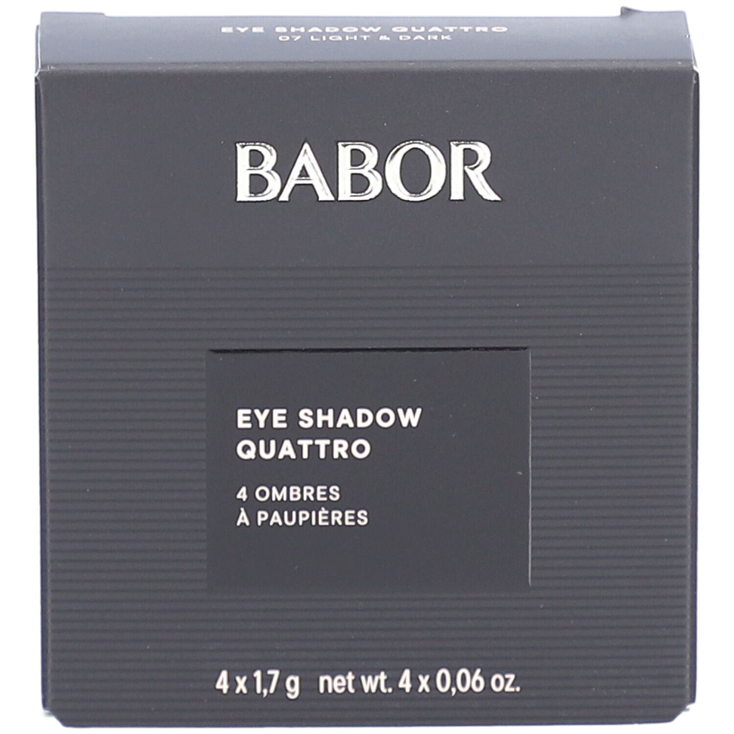 Schwarze Babor-Verpackung. Aufschrift: EYE SHADOW QUATTRO, 4 Ombres à paupières. Unten: 4 x 1,7 g net wt. 4 x 0,06 oz.