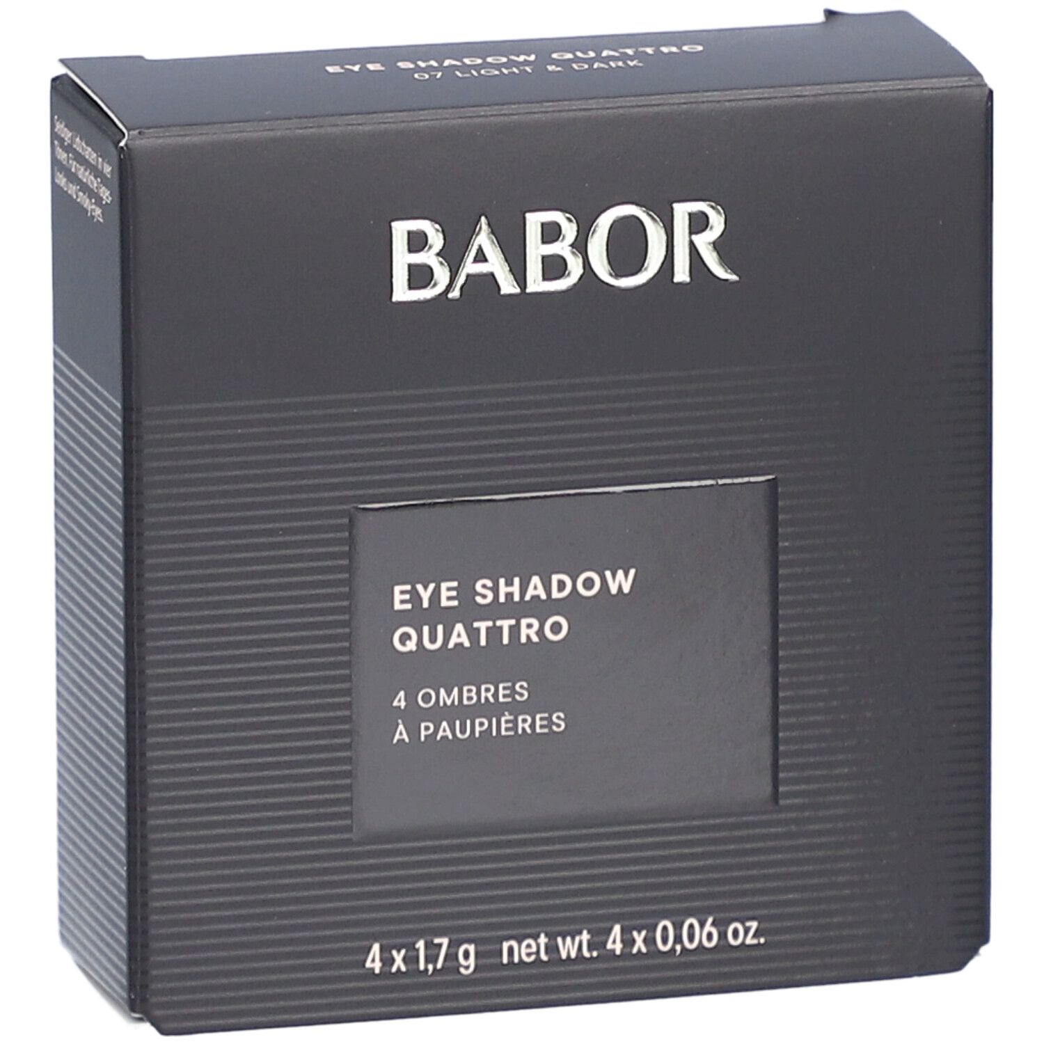 Schwarze Babor-Verpackung. Aufschrift: EYE SHADOW QUATTRO, 4 Ombres à paupières. Unten: 4 x 1,7 g net wt. 4 x 0,06 oz.