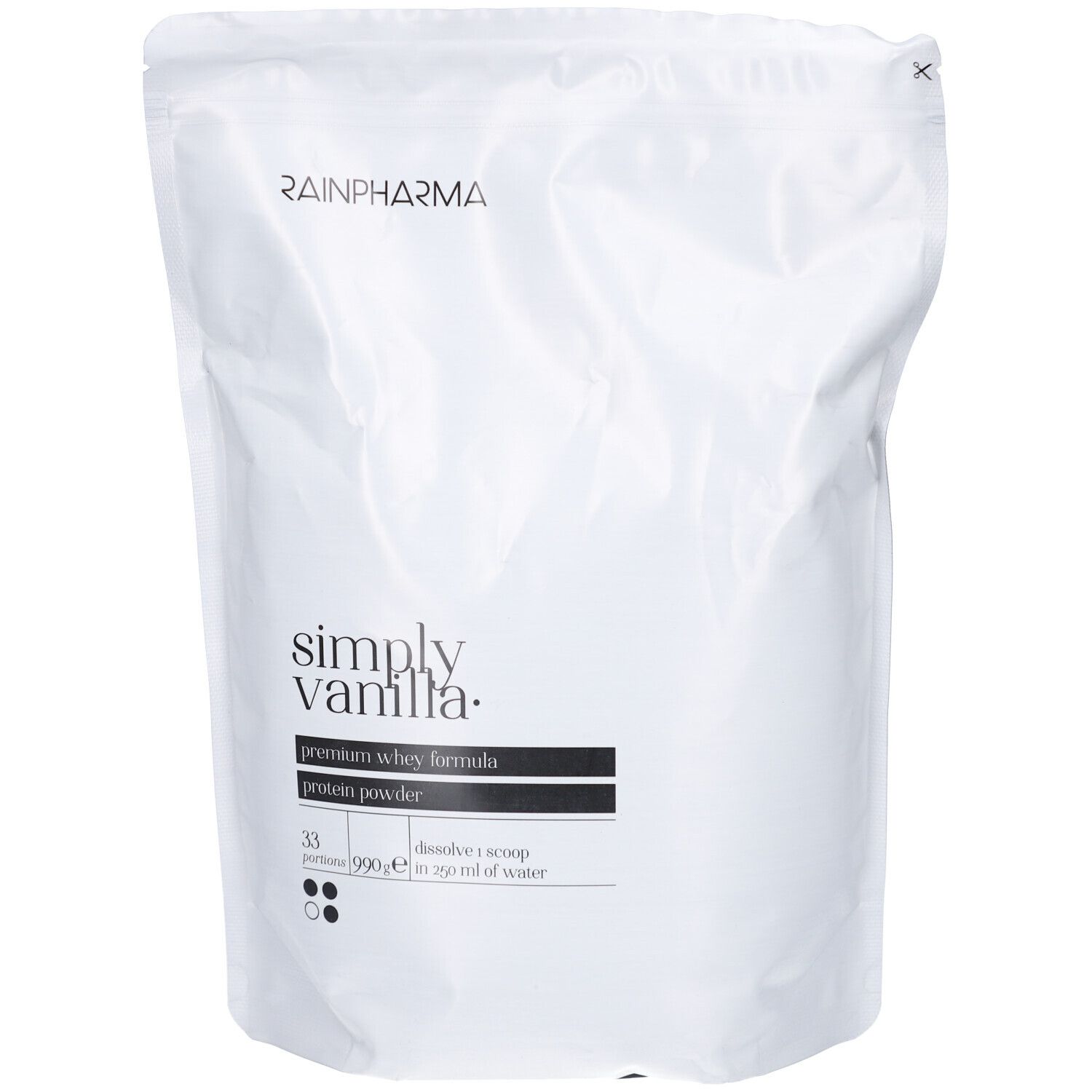 Weißer Beutel mit RainPharma-Logo und Aufschrift "simply vanilla.". Enthält Premium-Whey-Formel, Protein-Pulver. 33 Portionen, 990g.