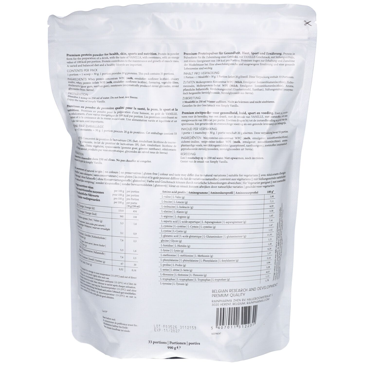 Rückseite des weißen Beutels. Text in mehreren Sprachen, darunter Deutsch, Französisch, Italienisch und Niederländisch. Enthält Nährwertangaben.