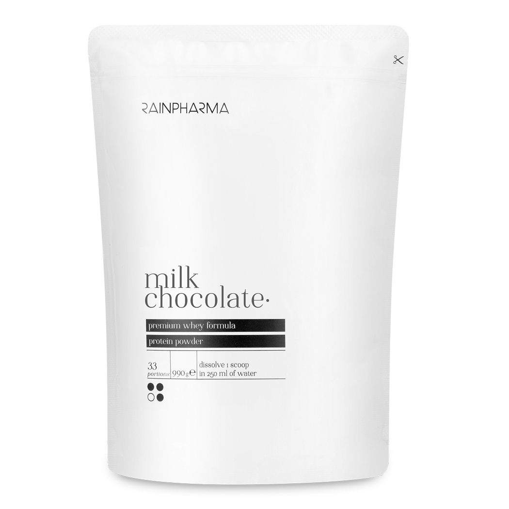 Sachet Rainpharma de poudre de protéine saveur chocolat au lait. Inscription: premium whey formula, protein powder. 33 portions, 990g.
