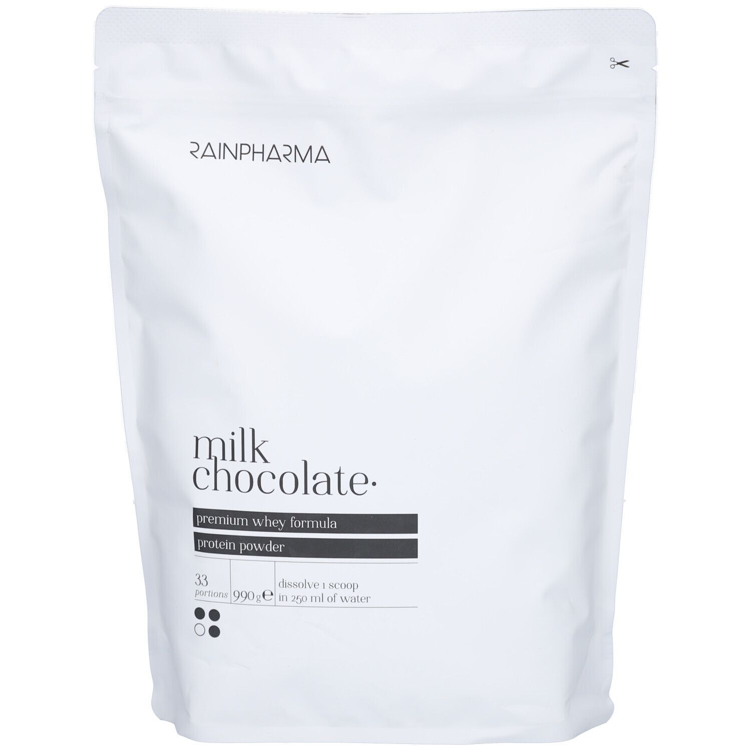 Rainpharma-Beutel mit Milchschokoladen-Proteinpulver. Aufschrift: premium whey formula, protein powder. 33 Portionen, 990g.